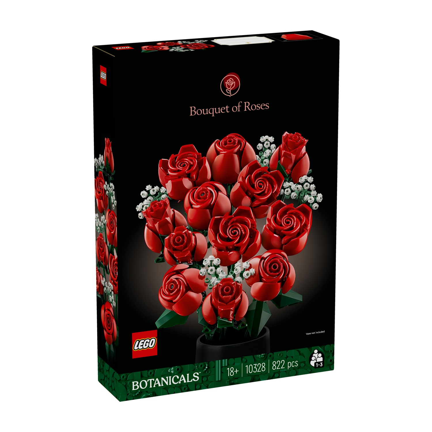 Scatola di rose Lego. Rose rosse e dettagli bianchi. Sfondo nero e dettagli verdi sulla scatola. 'Botanicals' scritto sulla scatola.