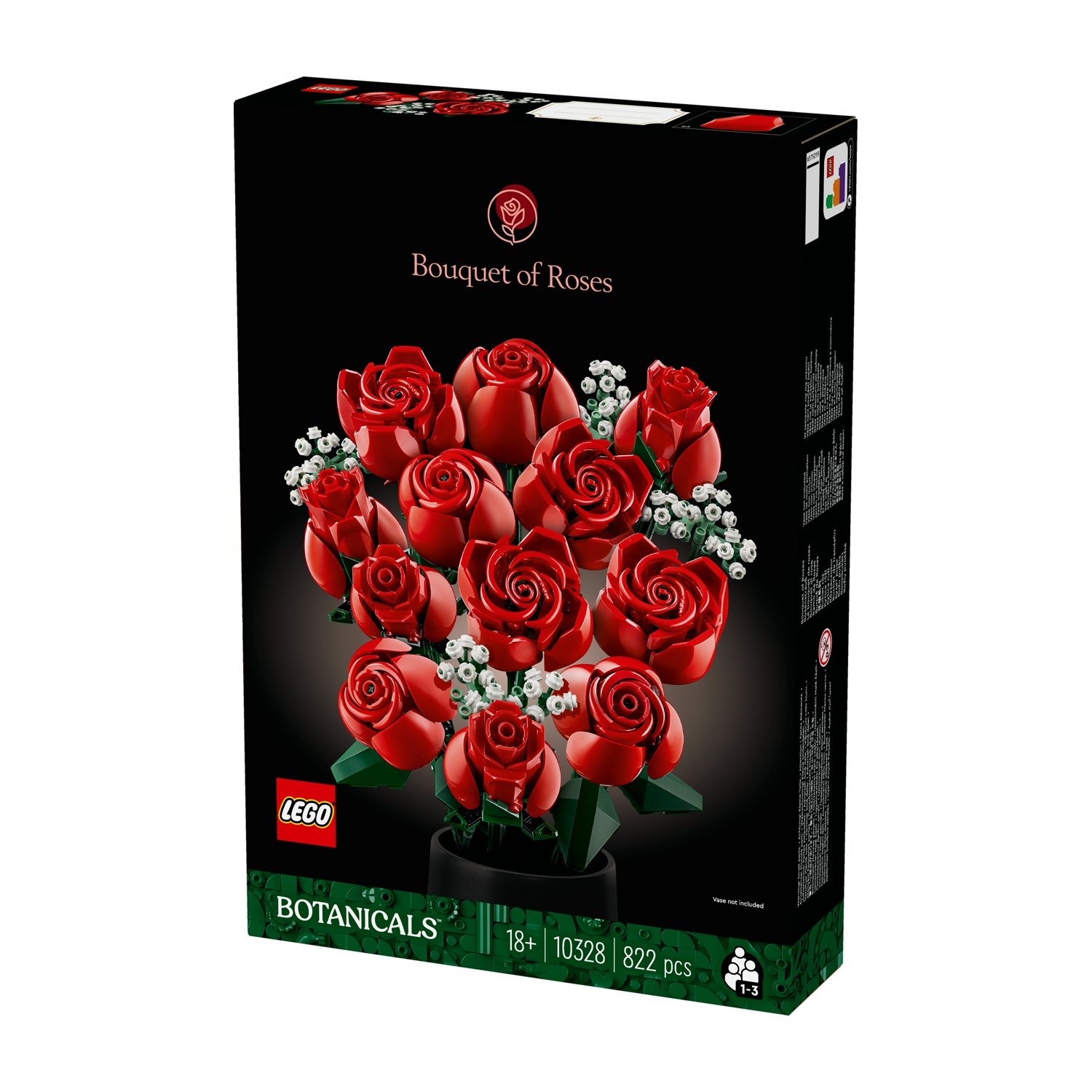 Una scatola Lego mostra un bouquet di rose rosse. La scatola è nera con le parole 'Bouquet of Roses' e 'Botanicals'.