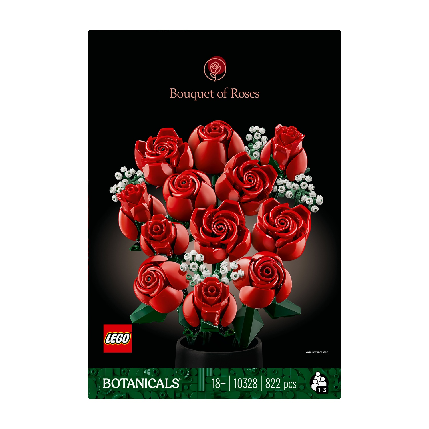 Una scatola Lego mostra un bouquet di rose rosse. Il testo sulla scatola dice 'Bouquet of Roses', 'Botanicals' e '18+'.