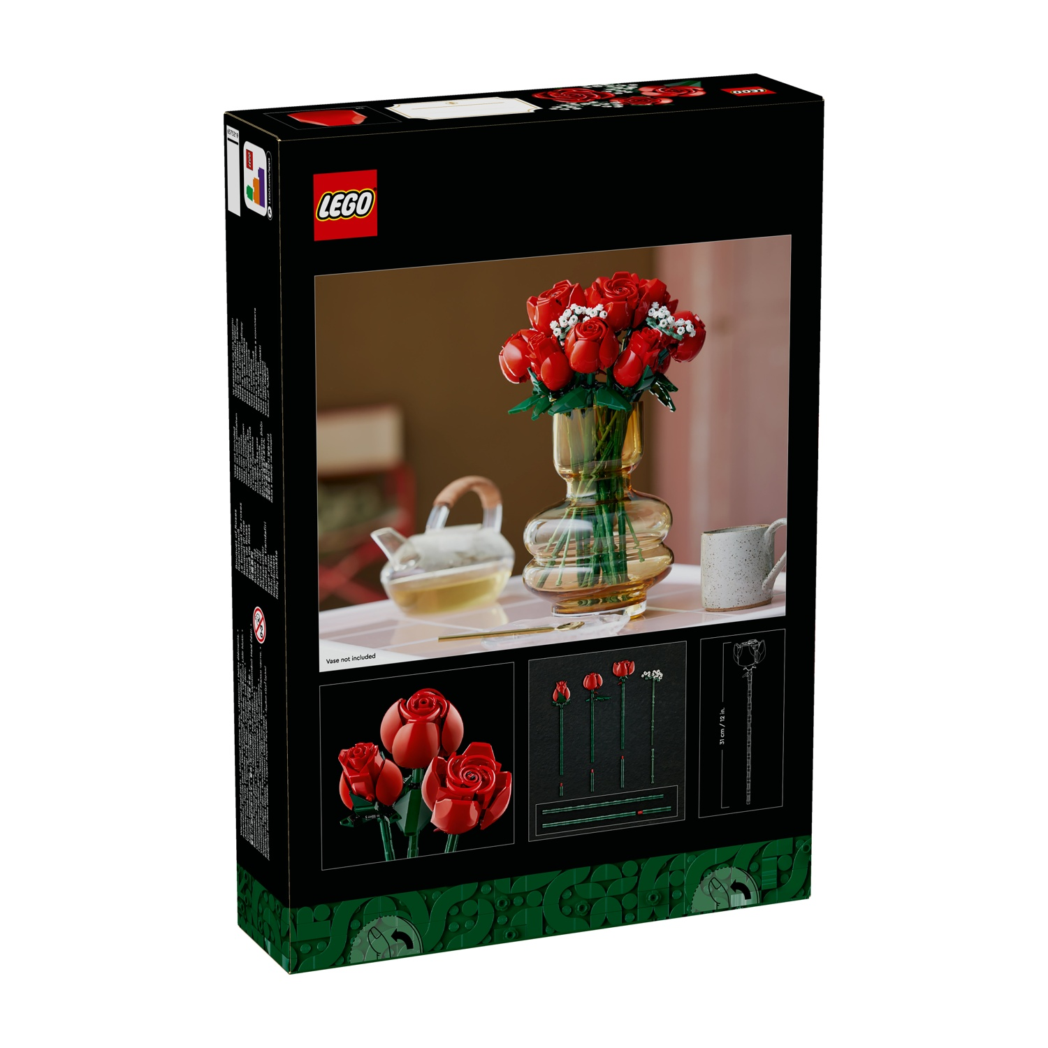 Scatola Lego con bouquet di rose in un vaso. Teiera, tazza e diagrammi di rose. Scatola nera con dettagli verdi e rossi e logo Lego.