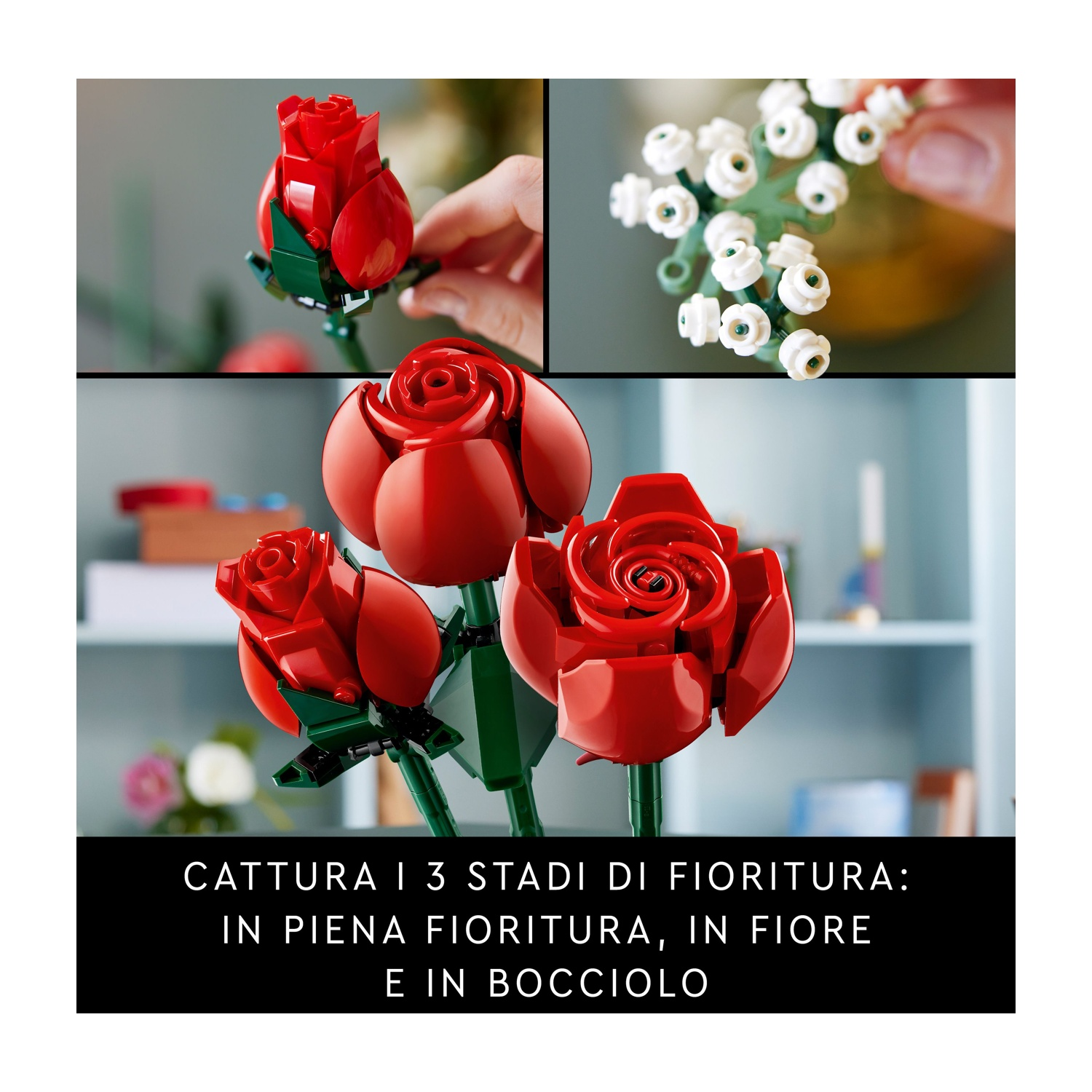 L'immagine mostra rose Lego in diverse fasi. Include un bocciolo, un fiore e una rosa completamente sbocciata, tutte rosse. Steli e foglie verdi.