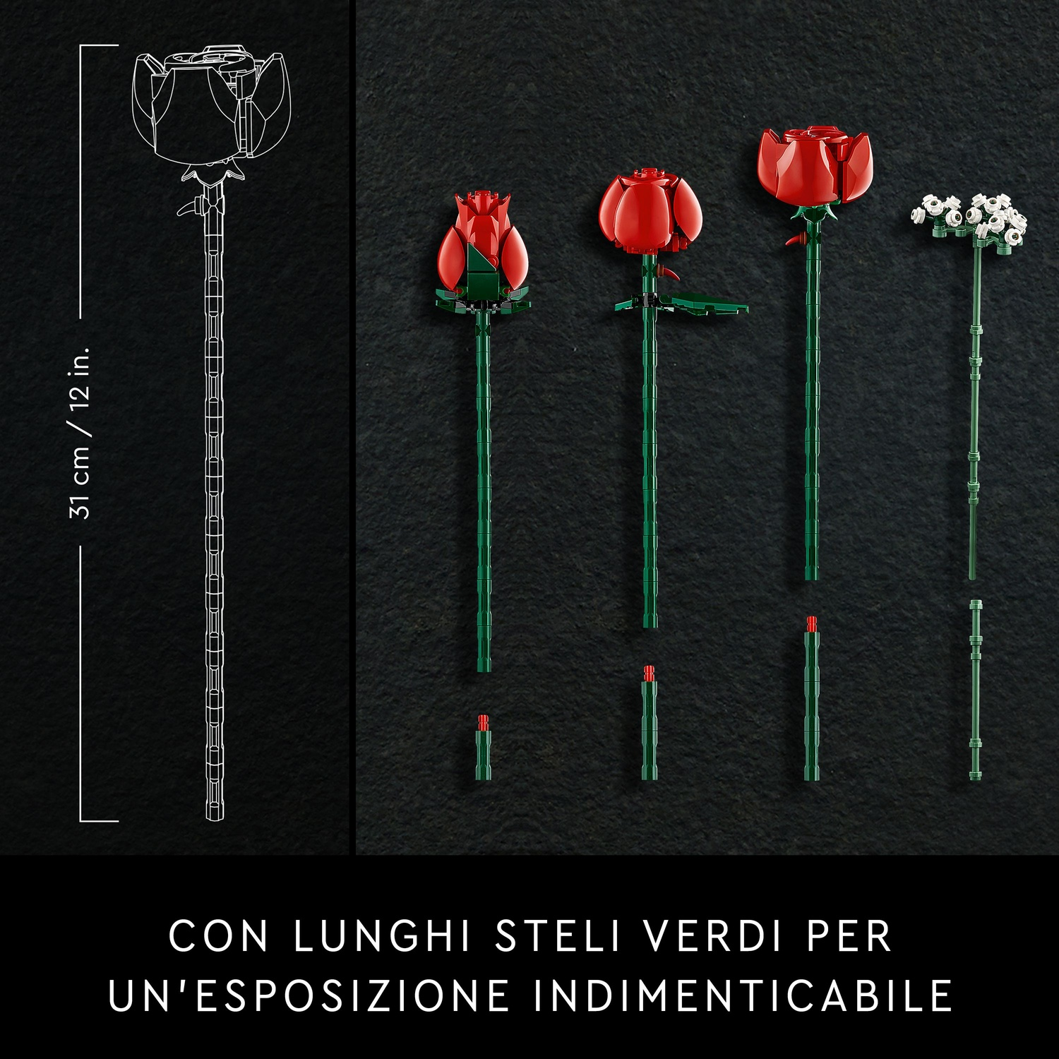 L'immagine mostra un set di rose Lego. Include rose rosse, fiori bianchi e steli verdi. Testo in basso: "CON LUNGHI STELI VERDI PER UN'ESPOSIZIONE INDIMENTICABILE".