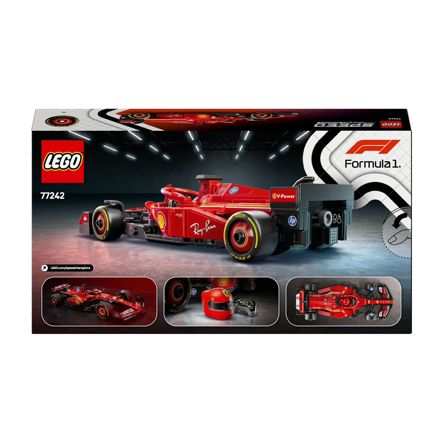 Una scatola Lego. La scatola mostra un modello di auto Ferrari F1 rossa. Ci sono anche immagini più piccole dell'auto, del casco e del controller.