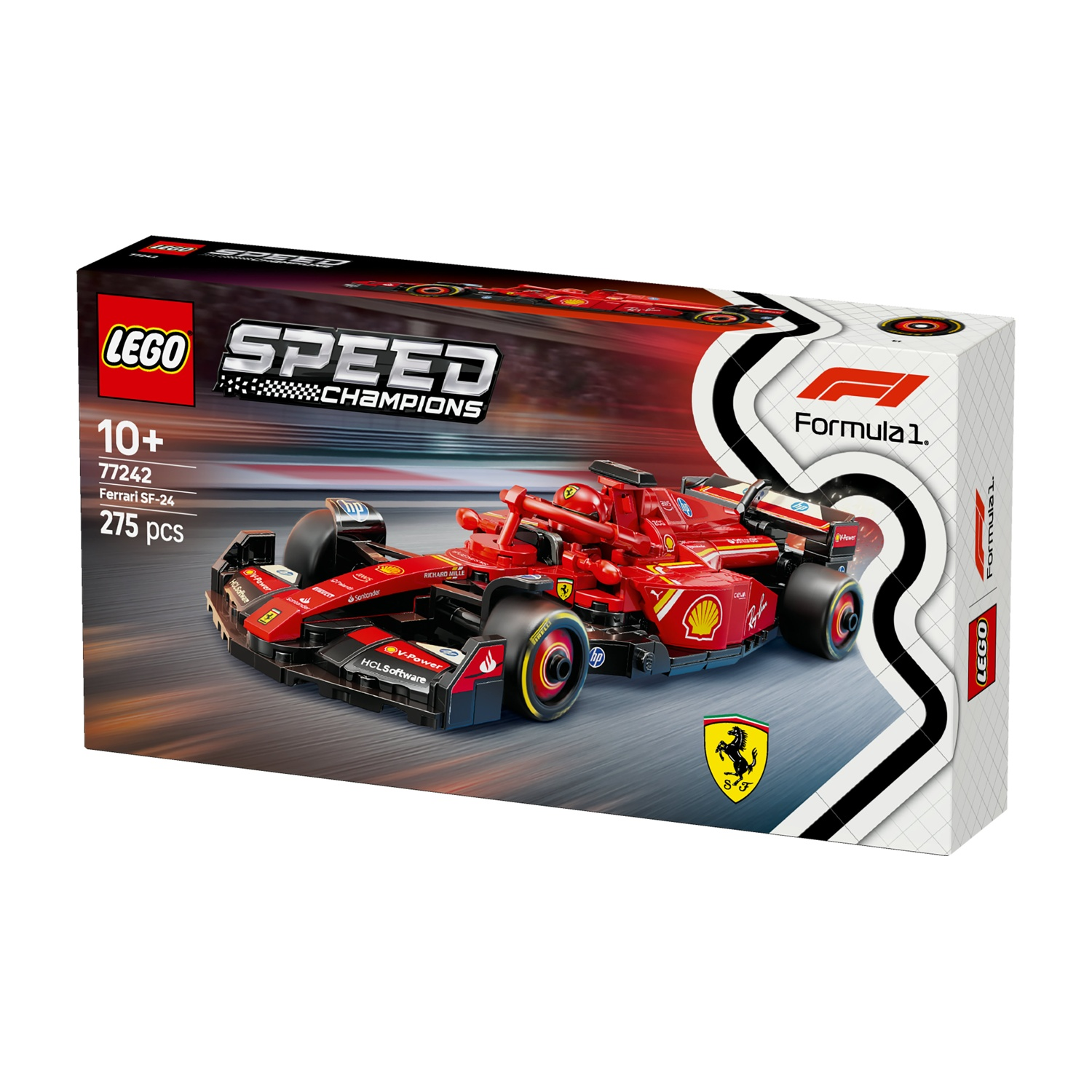 Una scatola Lego mostra un modello rosso della Ferrari SF-24. La scatola presenta i loghi Lego e Formula 1 e i dettagli del set.