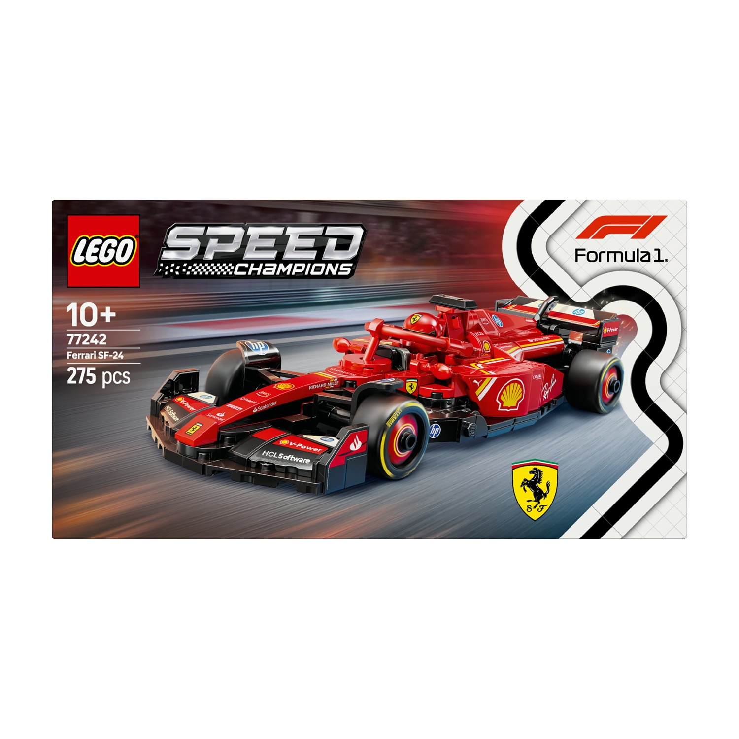 Un set Lego Speed Champions di una vettura Ferrari SF-24 di Formula 1 rossa. La scatola mostra l'auto in movimento, con i loghi degli sponsor.