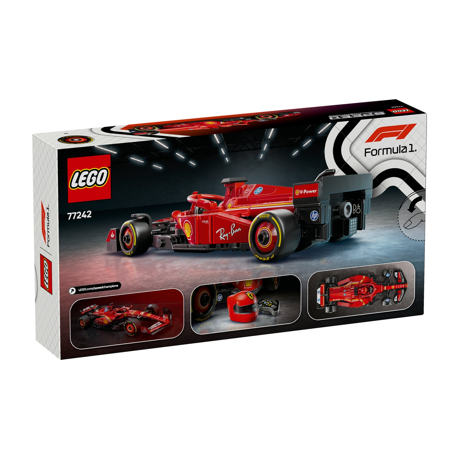 La scatola mostra un set LEGO Formula 1 rosso. Presenta il logo LEGO, il marchio Ferrari e vari sponsor come Ray-Ban.