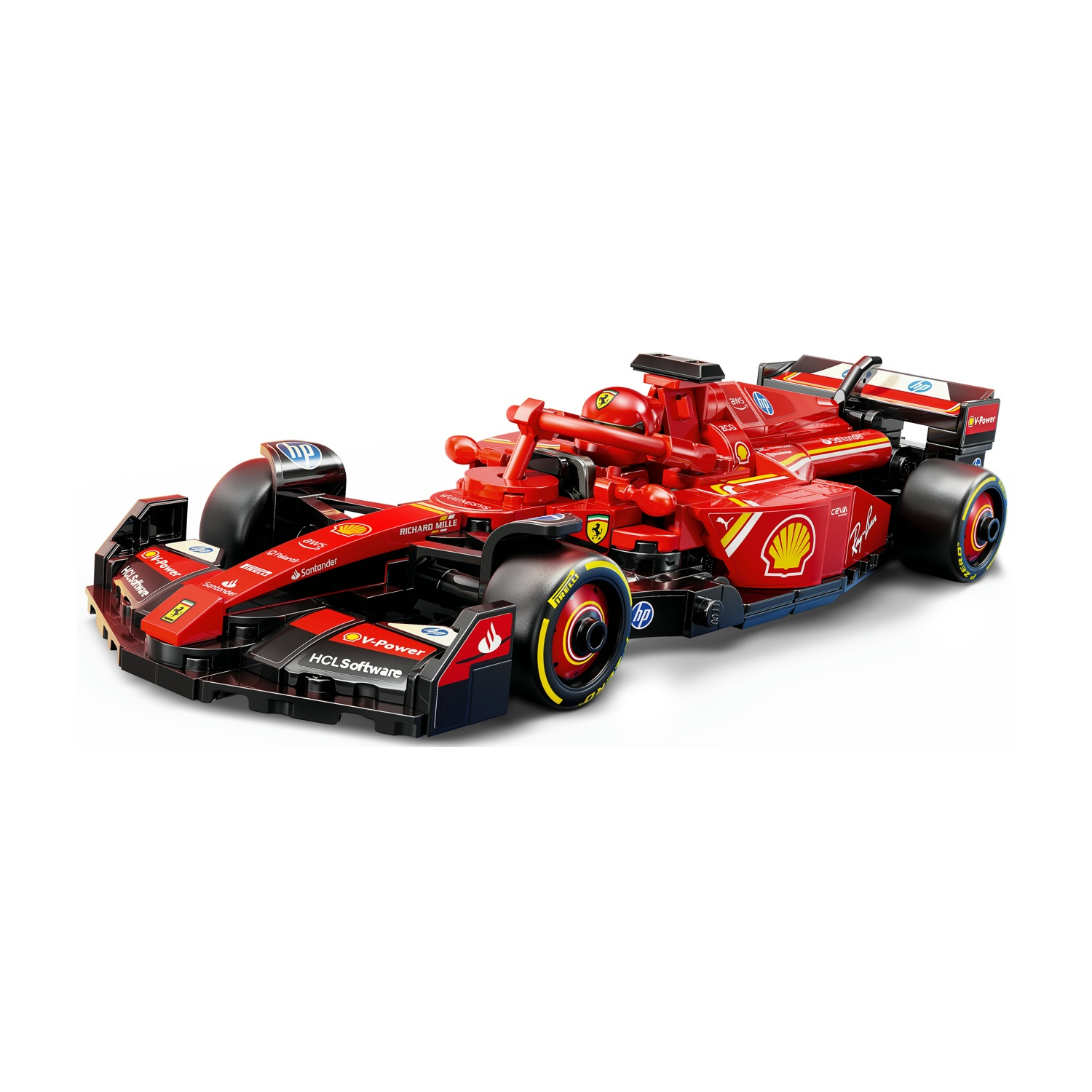 Un'auto giocattolo Ferrari di Formula 1 rossa e nera, con loghi degli sponsor, su sfondo bianco.