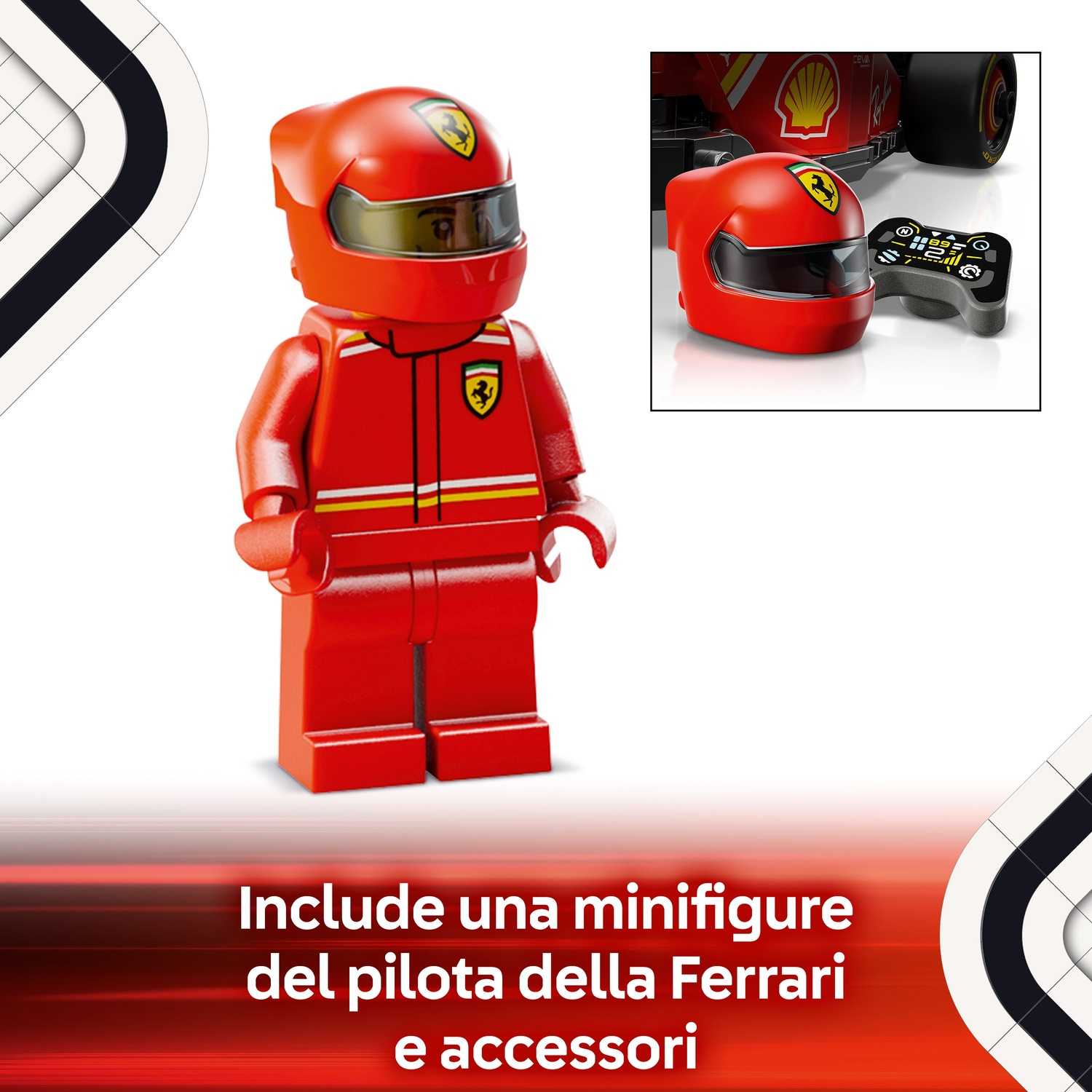 Un pilota di Formula 1 Ferrari Lego con tuta e casco rossi con visiera gialla. Una piccola immagine mostra il casco e un telecomando.