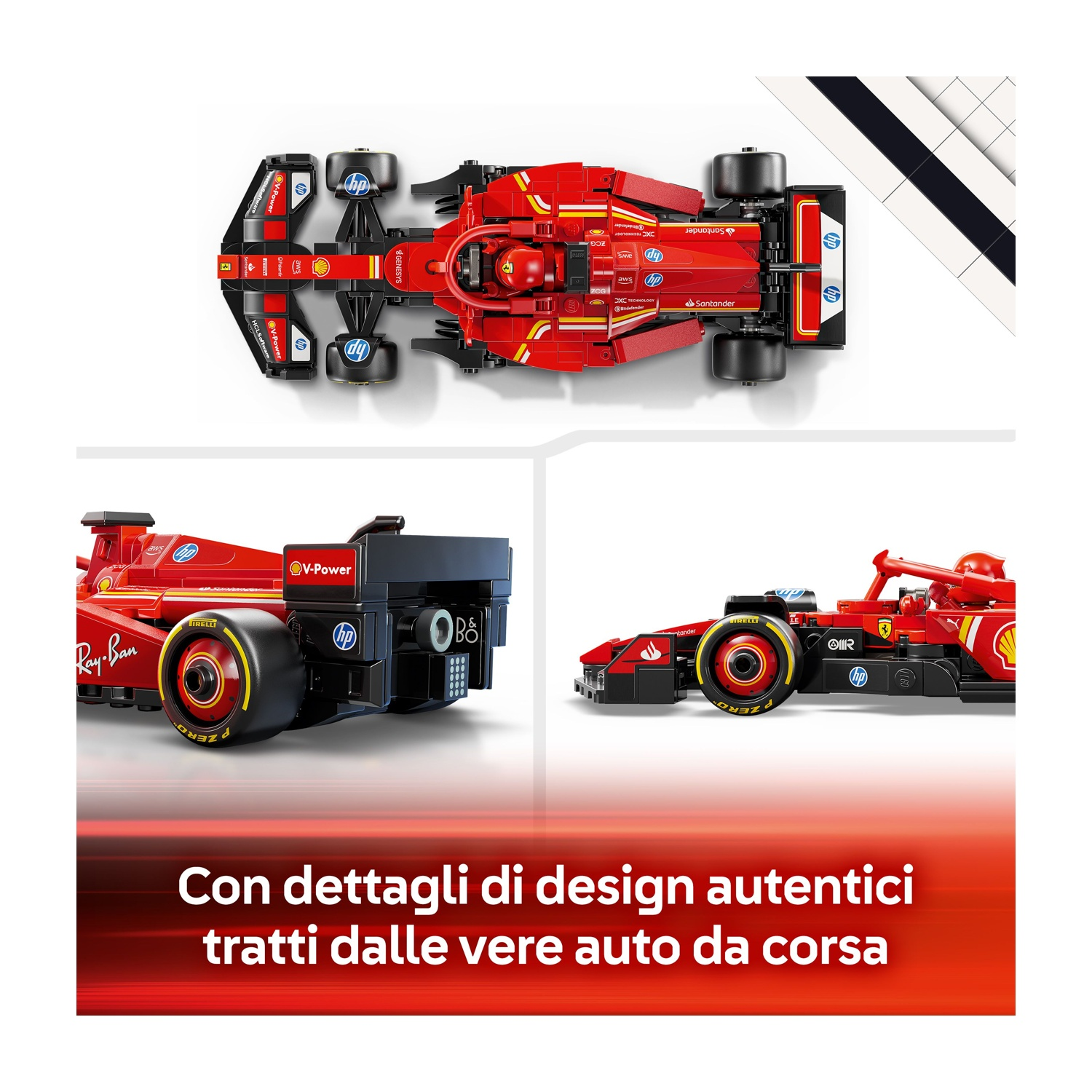 Modello di auto F1 rosso e nero con loghi degli sponsor, vista dall'alto e laterale. Testo: dettagli di design autentici da vere auto da corsa.