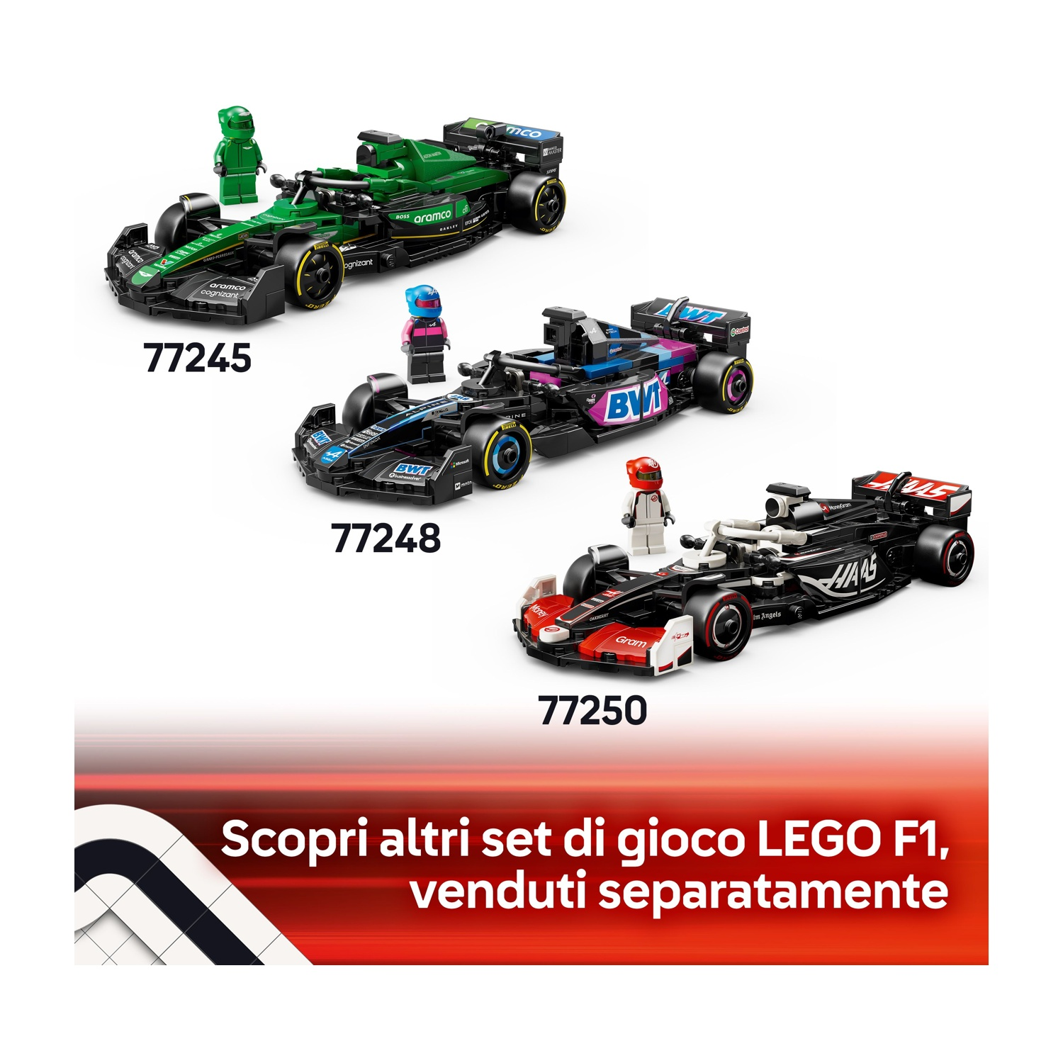 Tre auto da corsa LEGO F1: verde, nero/rosa e nero/rosso, ognuna con una minifigure di pilota.