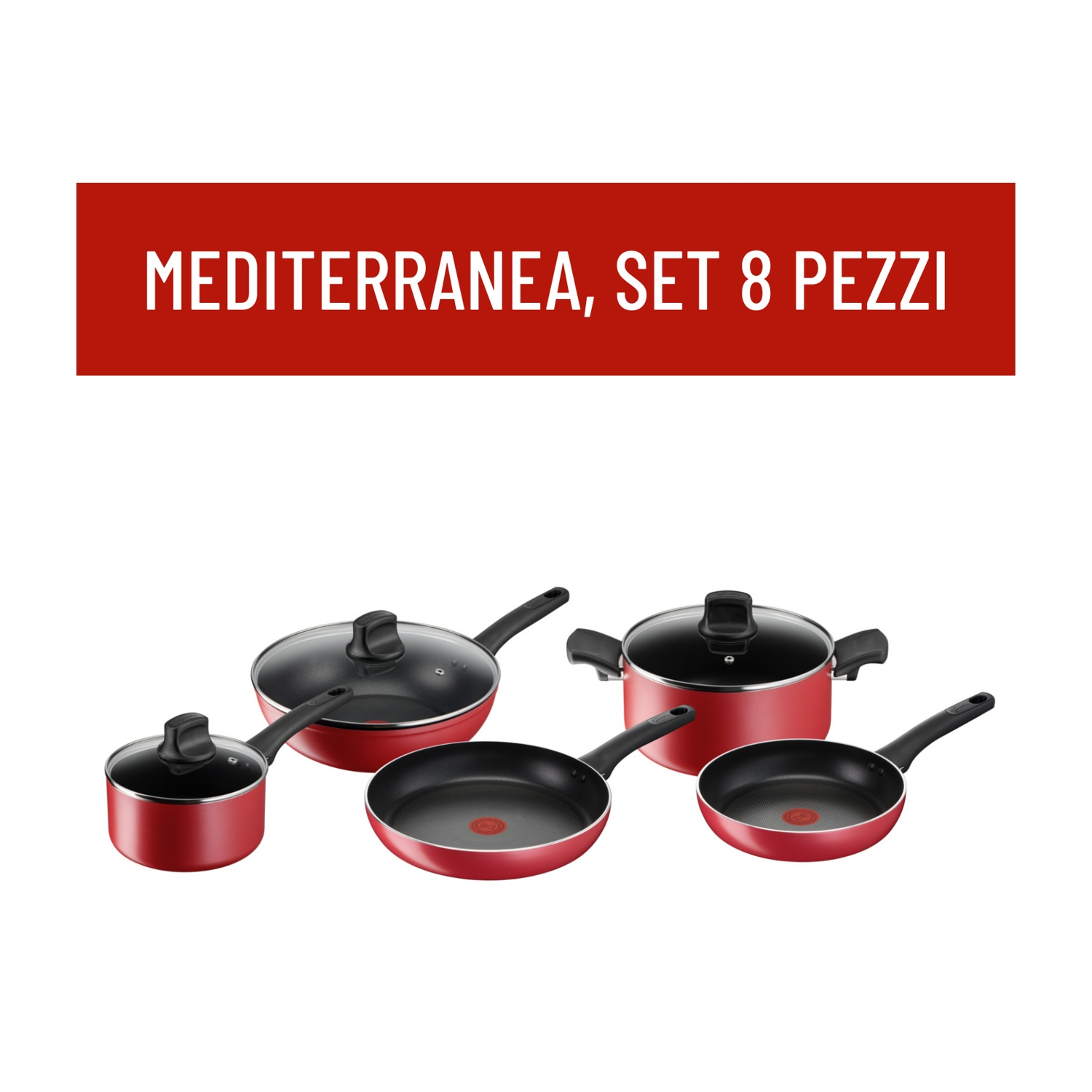 Set di 8 pentole rosse. Include pentole, padelle e coperchi. Testo: 'MEDITERRANEA, SET 8 PEZZI' in bianco su sfondo rosso.