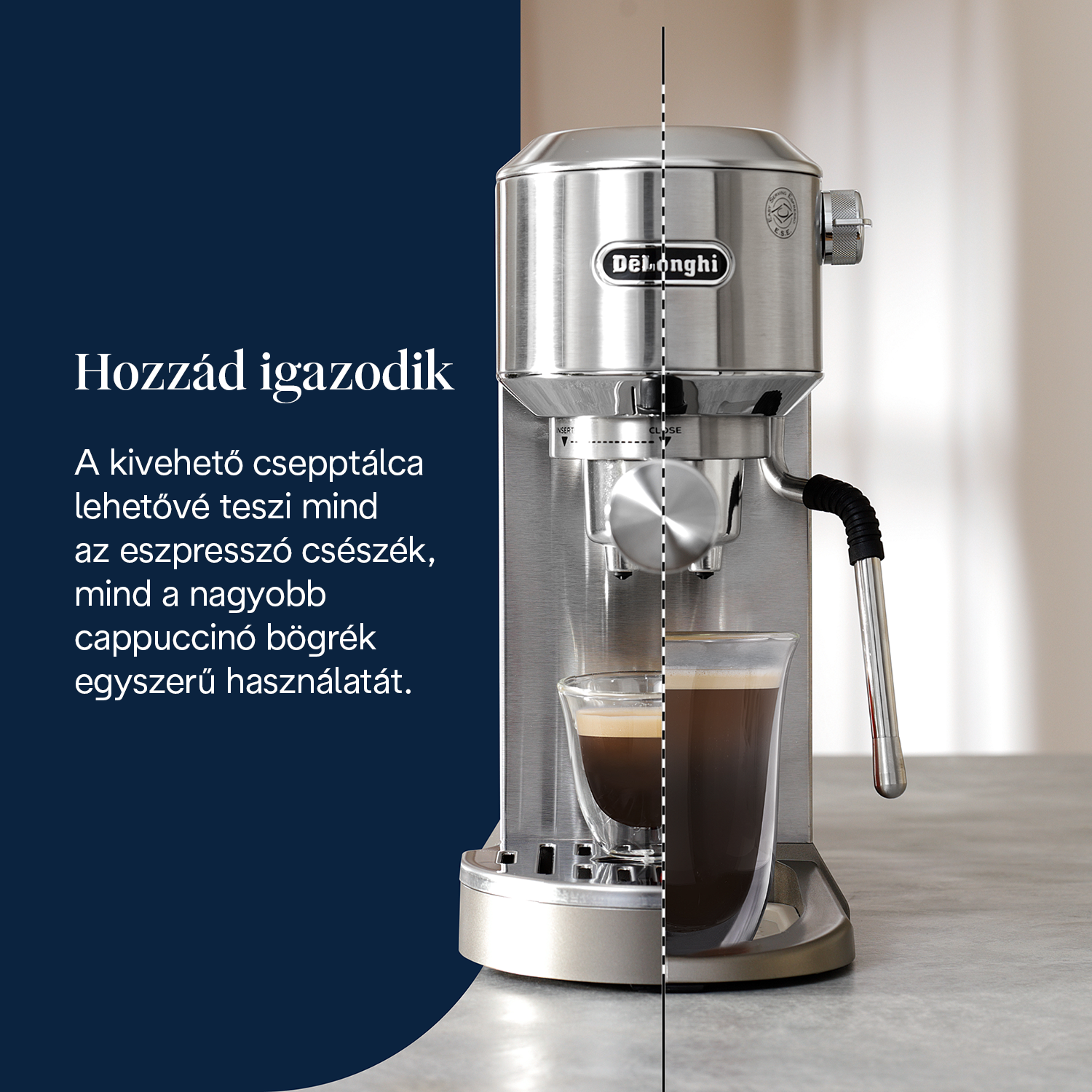 Rozsdamentes acél De'Longhi eszpresszógép. Jobbra kávéval teli pohár. Magyar szöveg.