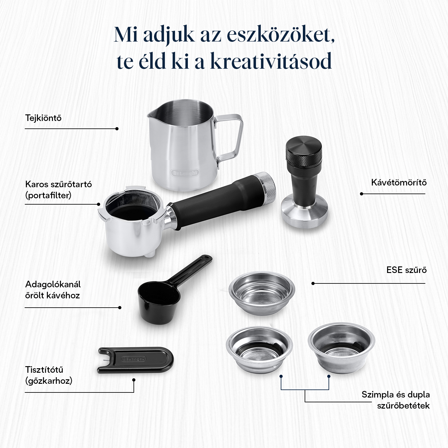 Kávéfőző tartozékok: tejkiöntő, szűrőtartó, tömörítő, mérőkanál, szűrők, tisztító eszköz.