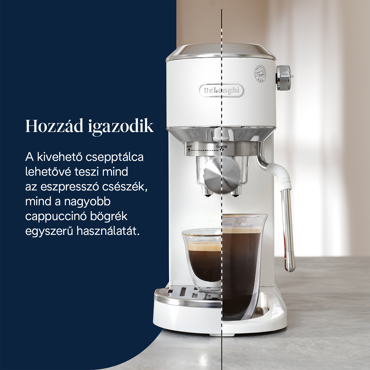 Egy fehér Delonghi eszpresszó gép egy pohár kávéval. Magyar nyelvű szöveg. Sötétkék és szürke háttér.