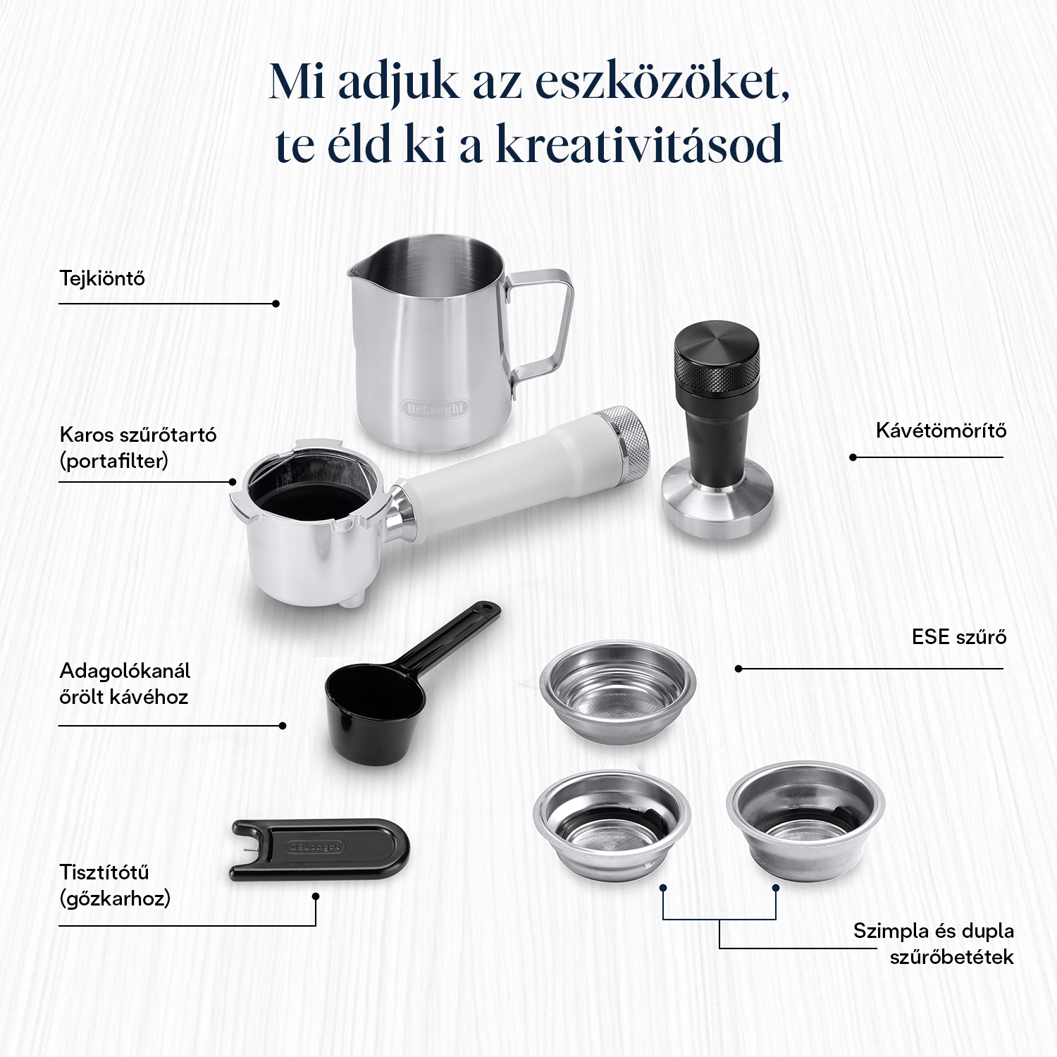 A képen egy eszpresszógép alkatrészei láthatók: tejkiöntő, szűrőtartó, tömörítő, ESE szűrő, adagolókanál, tisztítótű, szimpla/dupla szűrő.
