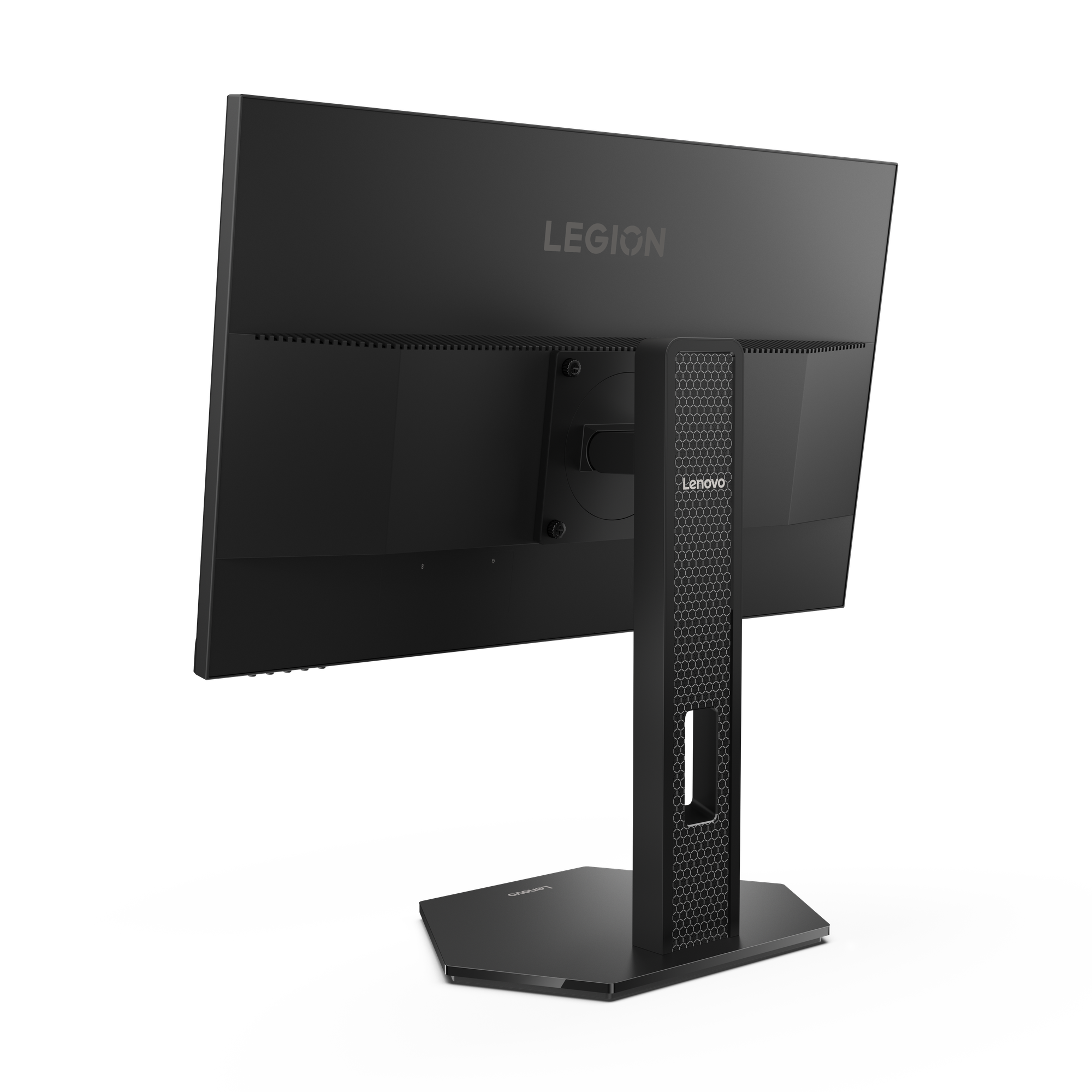 Siyah bir Lenovo Legion monitörünün arkası gösteriliyor. Standında altıgen bir desen ve Lenovo logosu var.