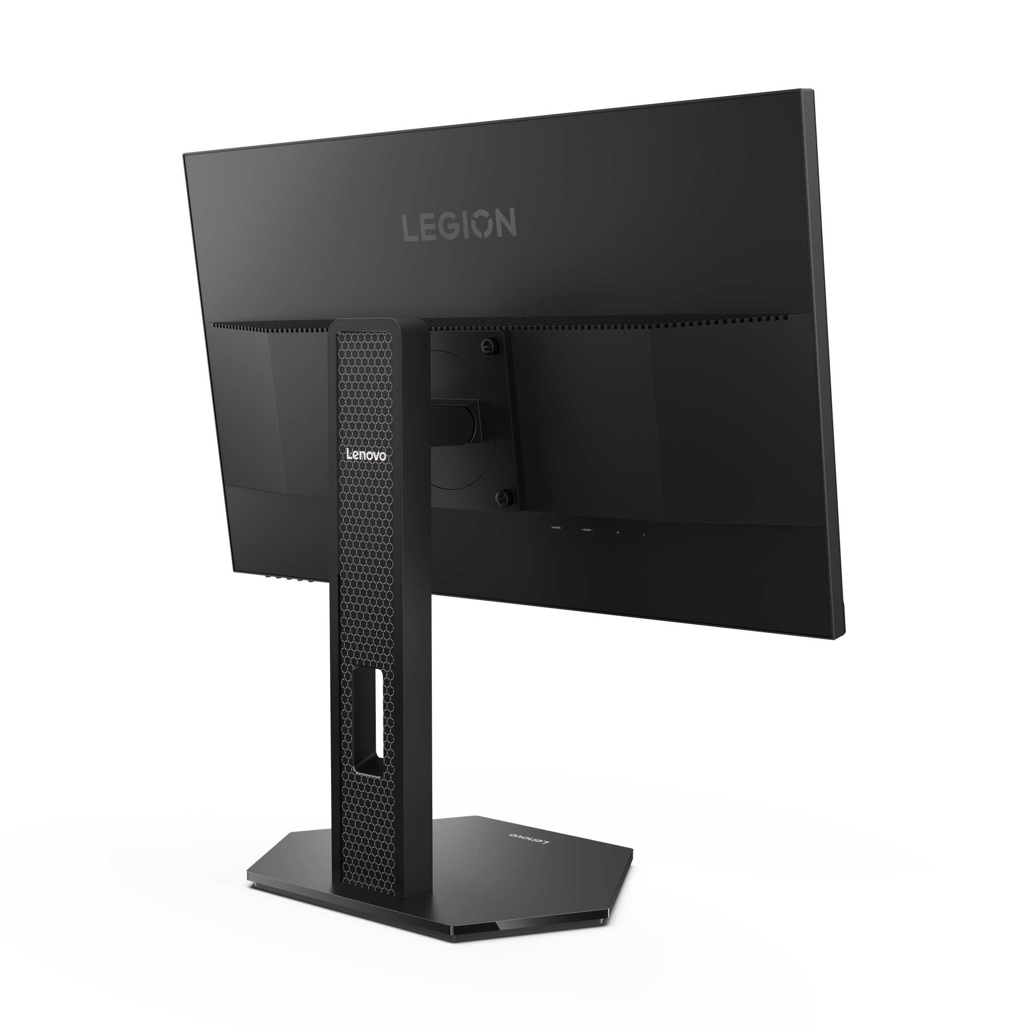 Siyah bir Lenovo Legion monitörün arkası. Bir standı, Legion logosu ve petek tasarımı var.