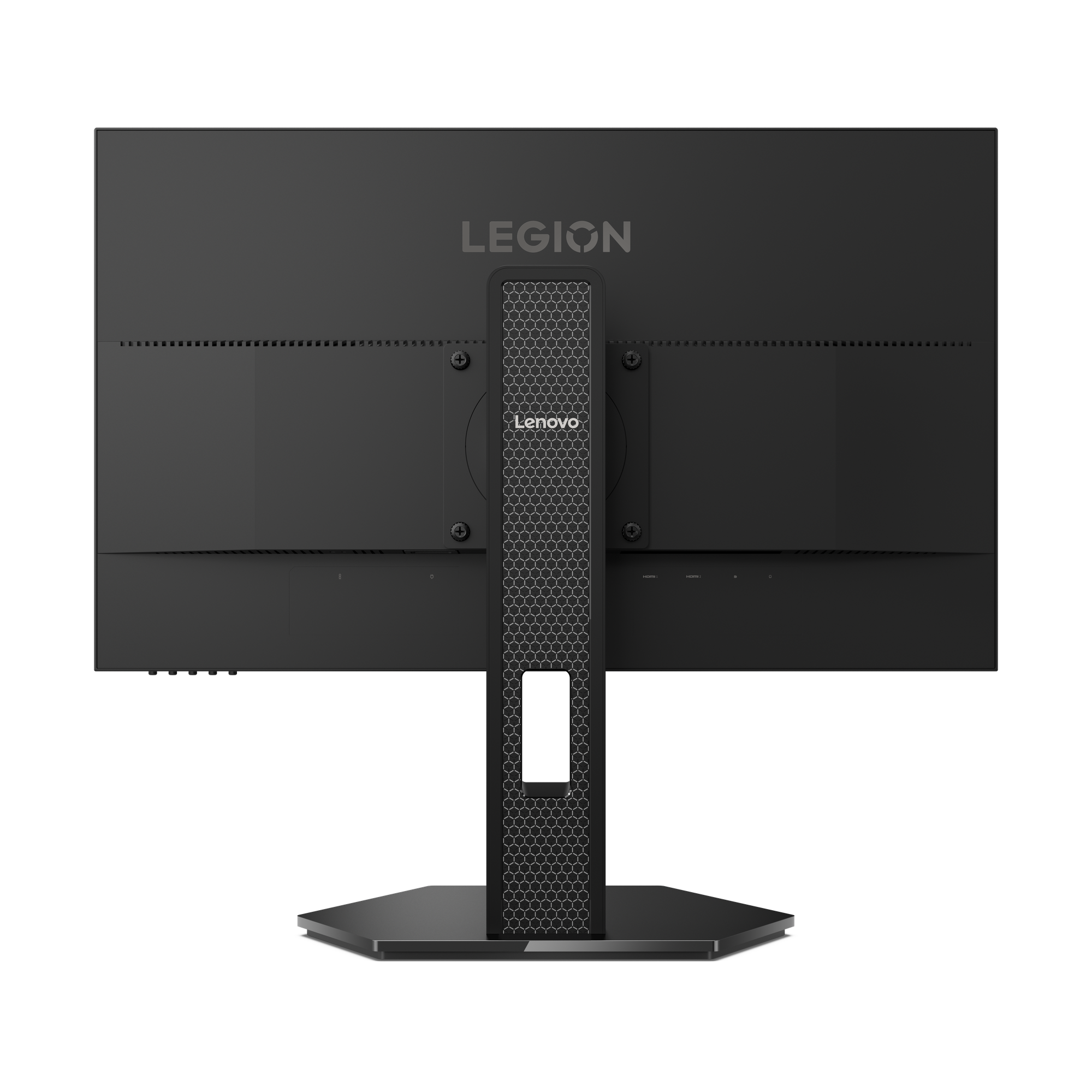 Siyah bir Lenovo Legion monitörünün arkası. Ayaklık altıgen. Lenovo ve Legion logoları görülebilir.