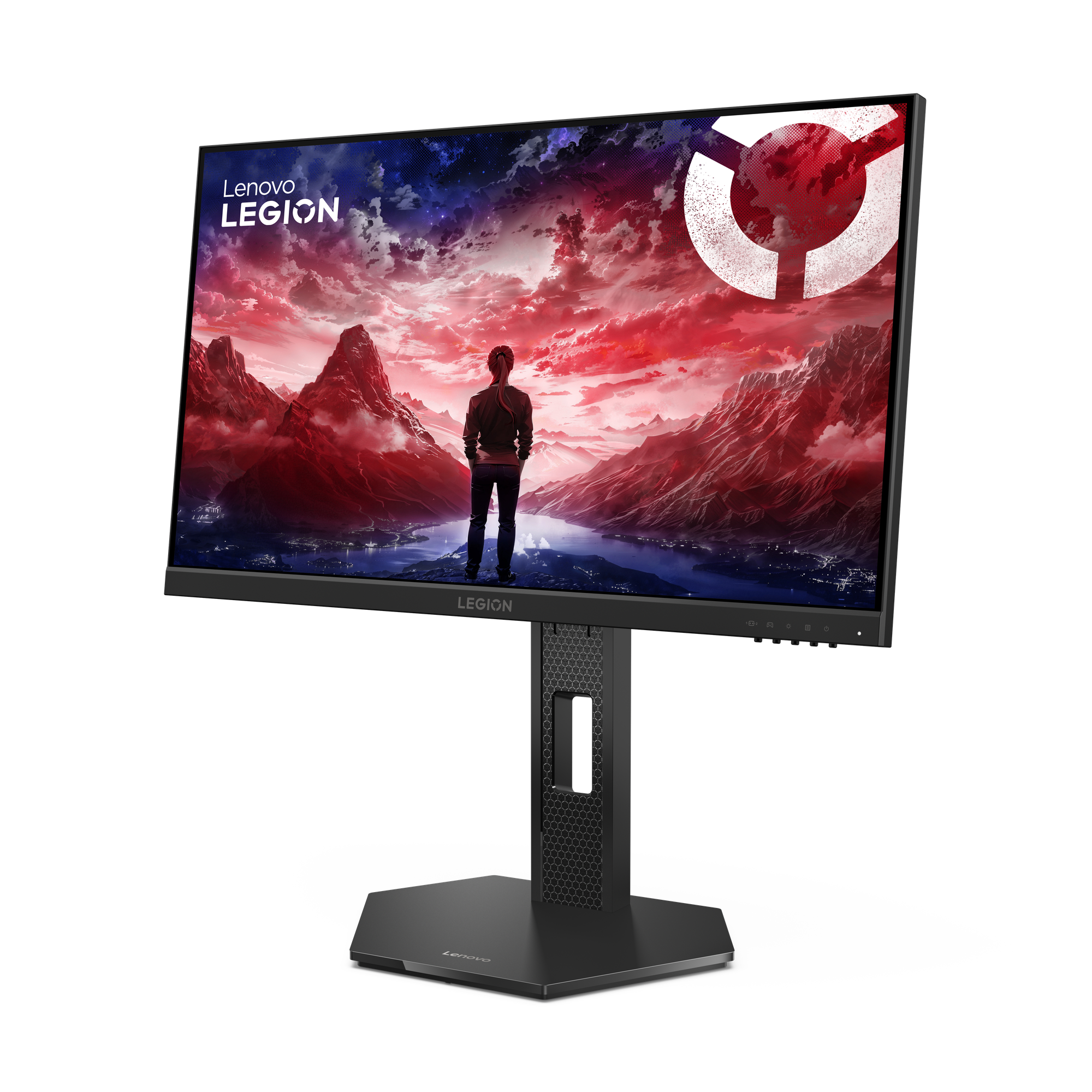 Lenovo Legion monitör, kırmızı bir manzaraya bakan bir kişiyi gösteriyor. Monitör siyah, arka planı siyah.