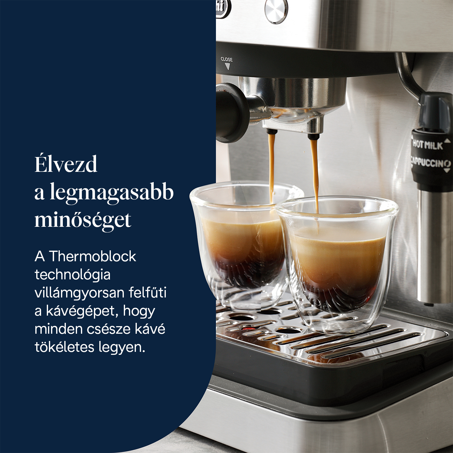 Esspresszó gép, amely kávét önt két pohárba. A gép ezüstszínű, magyar nyelvű szöveggel. A kávé sötétbarna.
