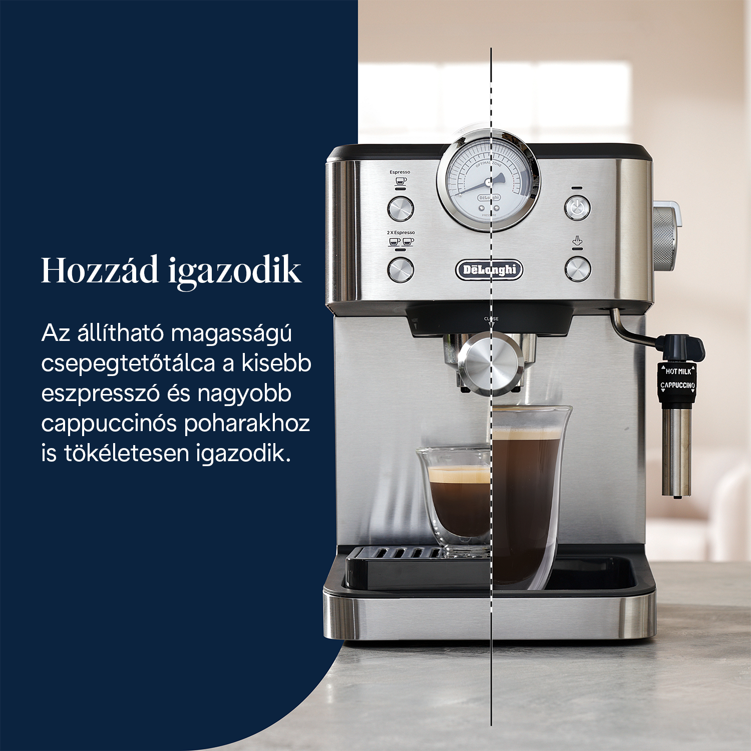 Rozsdamentes acél Delonghi eszpresszógép egy pohár kávéval. Szöveg balra. A gépen számlap és gombok vannak.