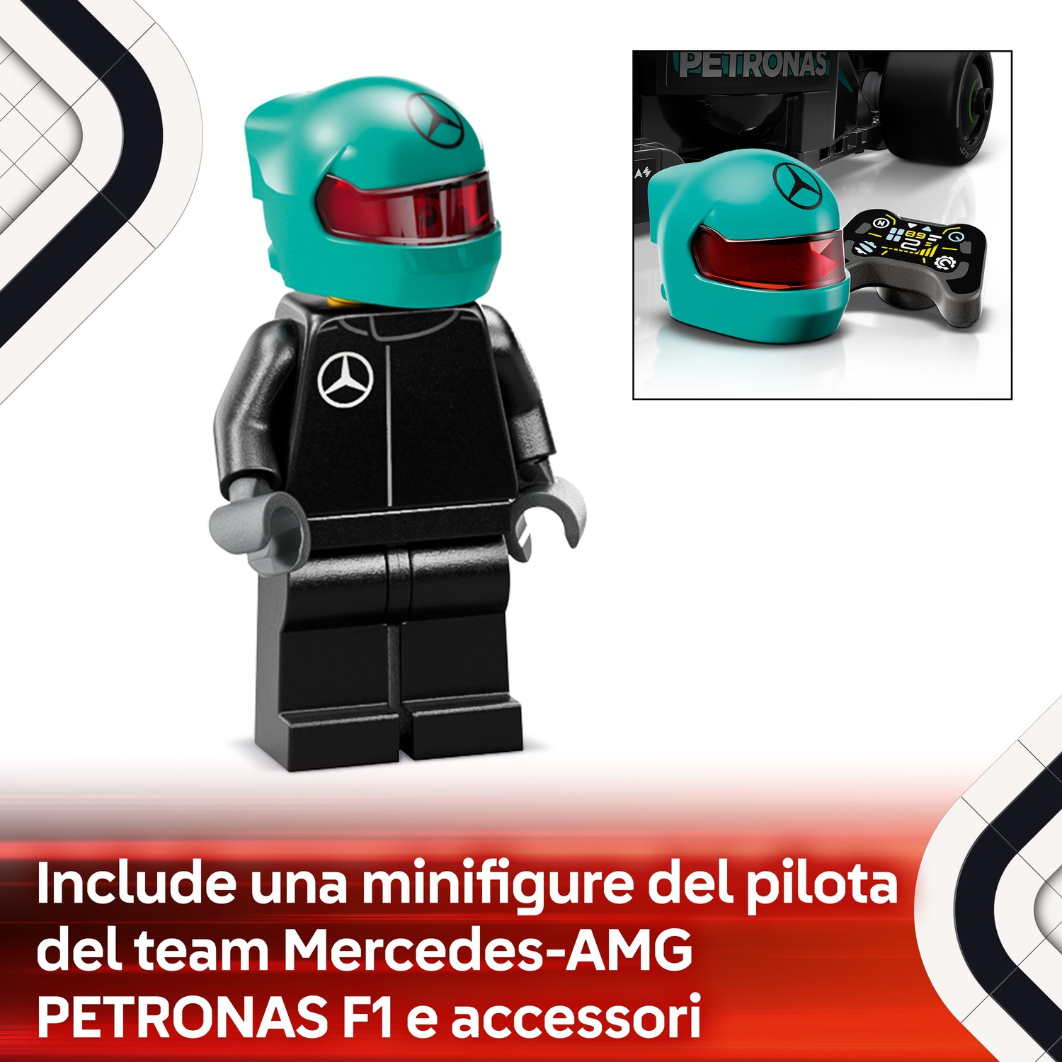 Una figura Lego di un pilota del team Mercedes-AMG Petronas F1 con casco verde acqua e telecomando, con un'auto da corsa sullo sfondo.
