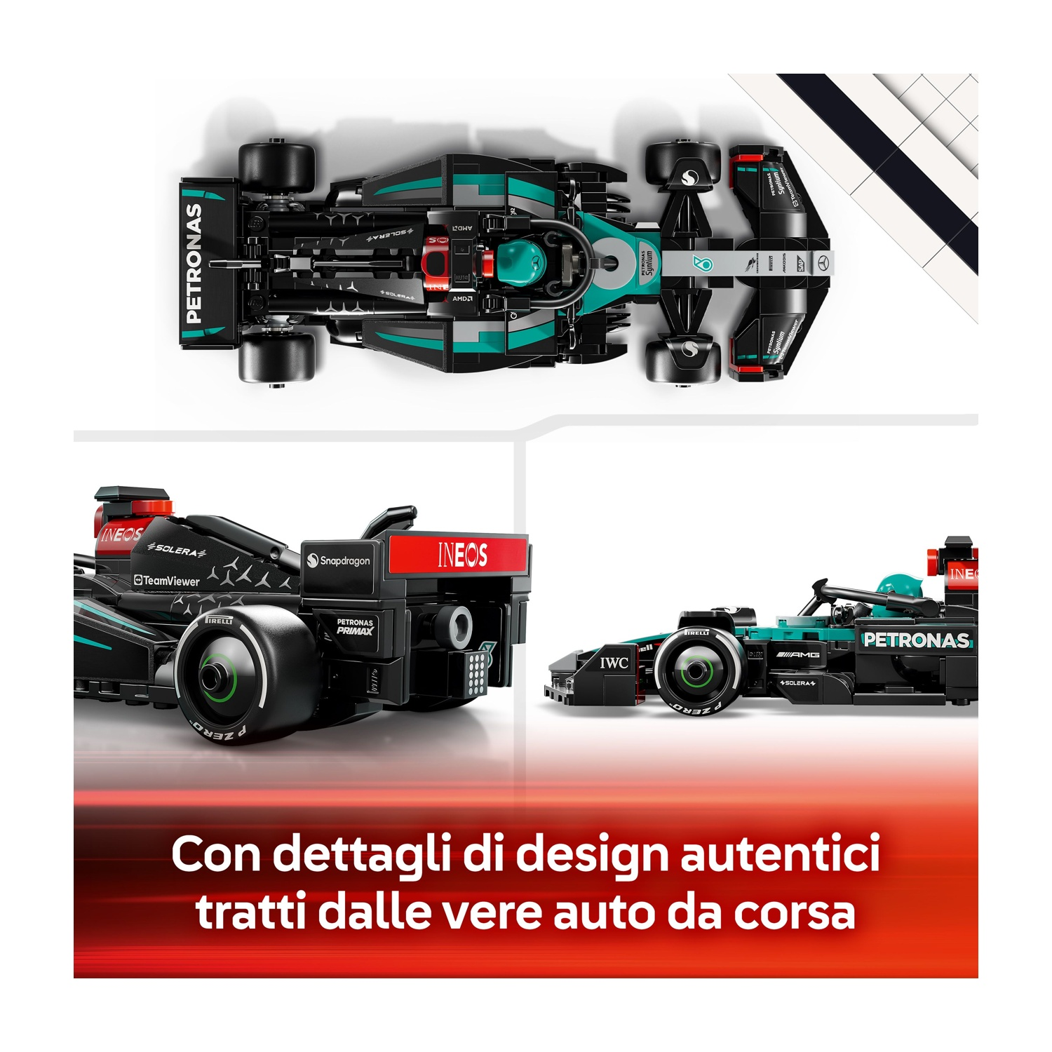 L'immagine mostra un modello di auto F1 Petronas nero e verde acqua da diverse angolazioni, con loghi degli sponsor e pneumatici Pirelli.