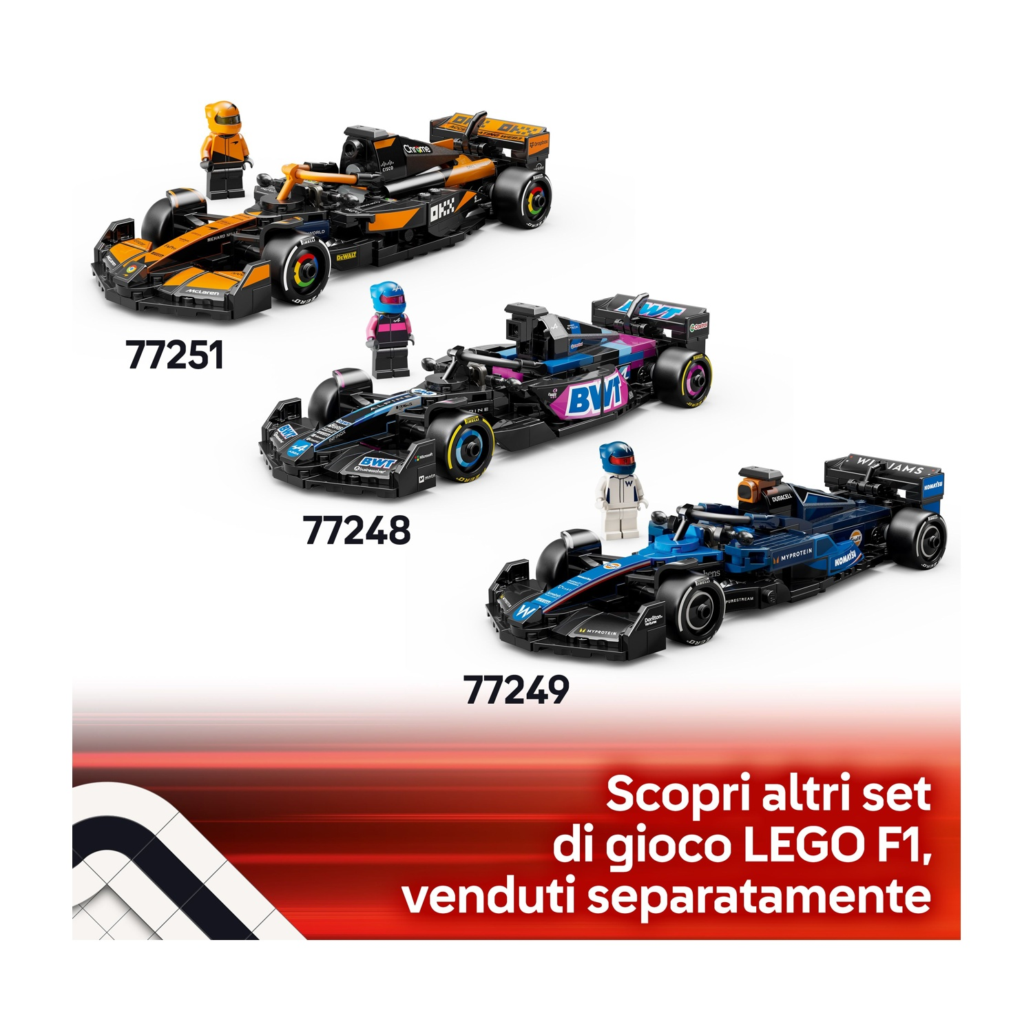 Tre auto da corsa Lego F1: arancione, nera e blu. Ognuna con un personaggio di pilota. Il testo in basso dice "Scopri altri set di gioco LEGO F1...".