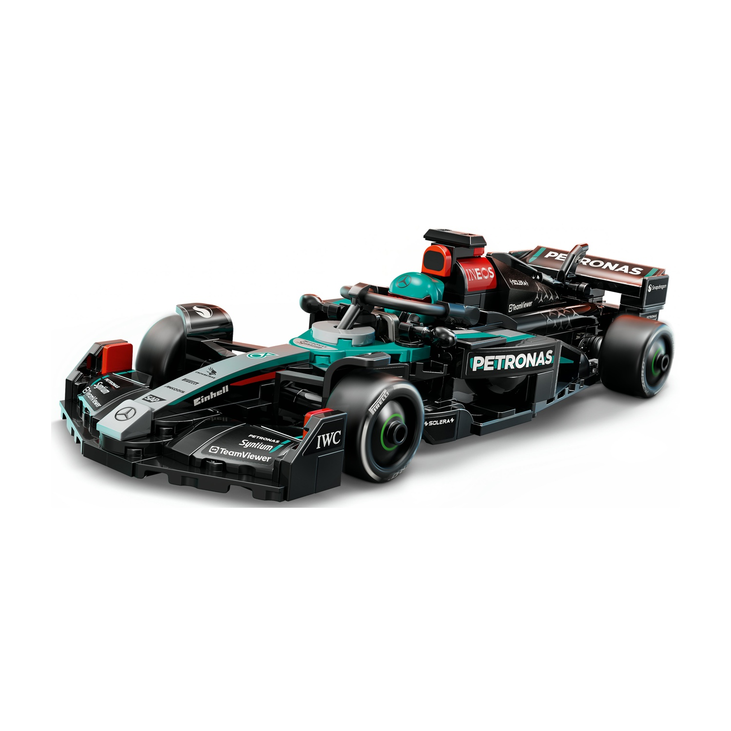 Un modello di auto da corsa Mercedes F1 nera e verde acqua con loghi degli sponsor, su sfondo bianco.