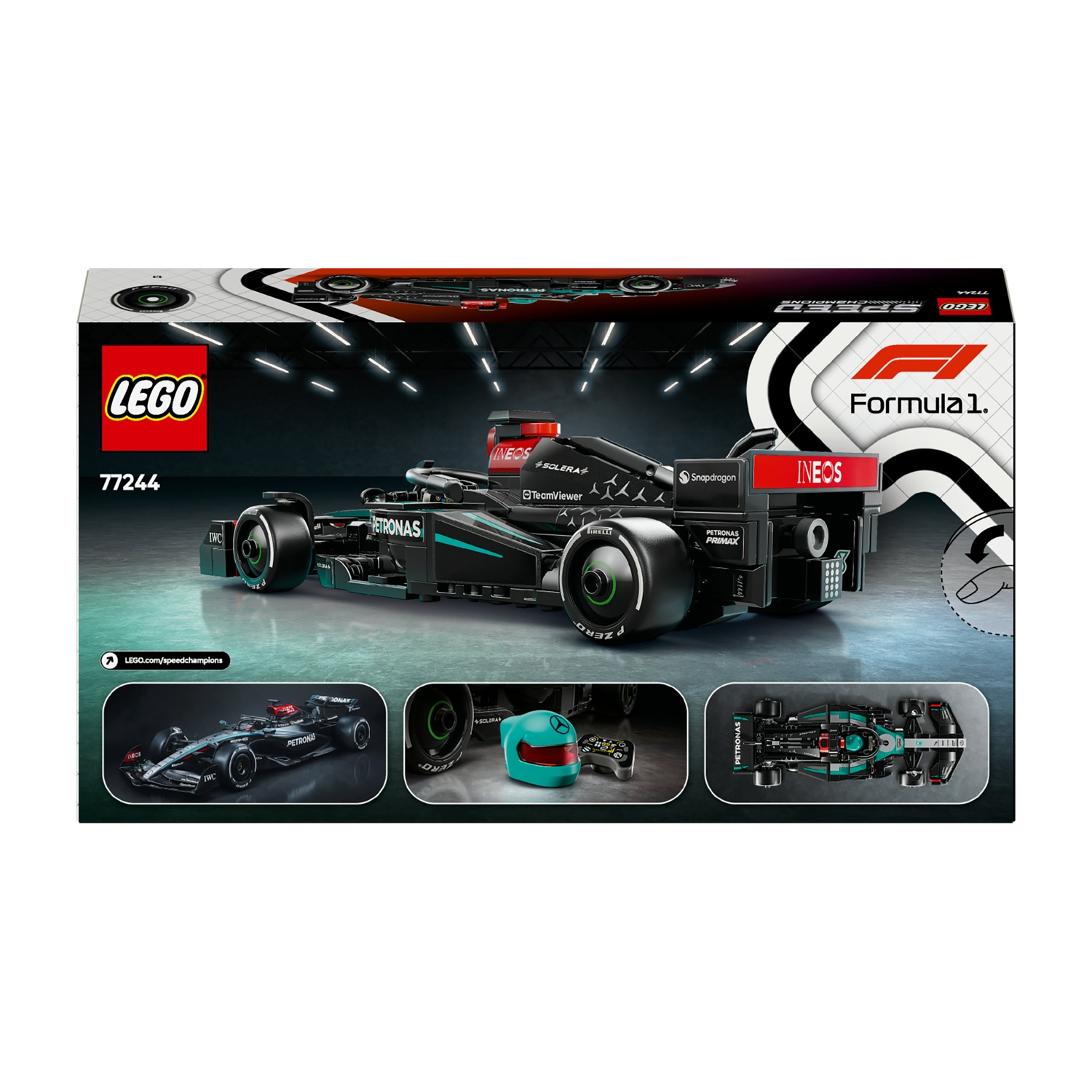 Una scatola Lego di un'auto di Formula 1. La scatola mostra l'auto da più angolazioni. Ha i loghi Lego e Formula 1.