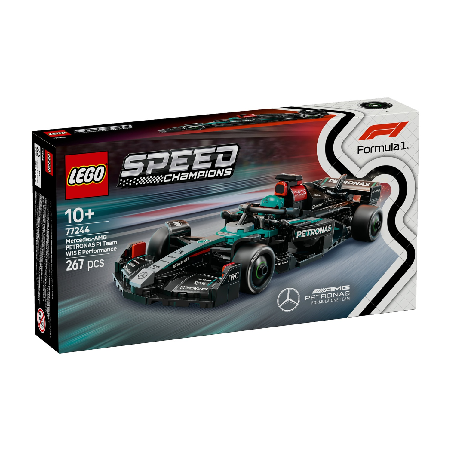 Un set Lego Speed Champions con una Mercedes-AMG Petronas F1. La scatola mostra l'auto e i dettagli, incluso il numero di pezzi.