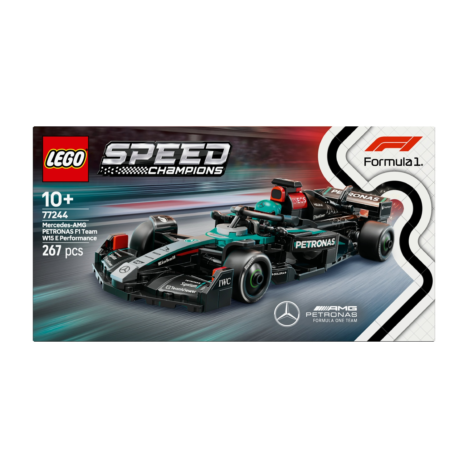 Una scatola LEGO Speed Champions. Mostra una macchina del team Mercedes-AMG Petronas F1. La scatola ha un logo Formula 1 e menziona 267 pezzi.