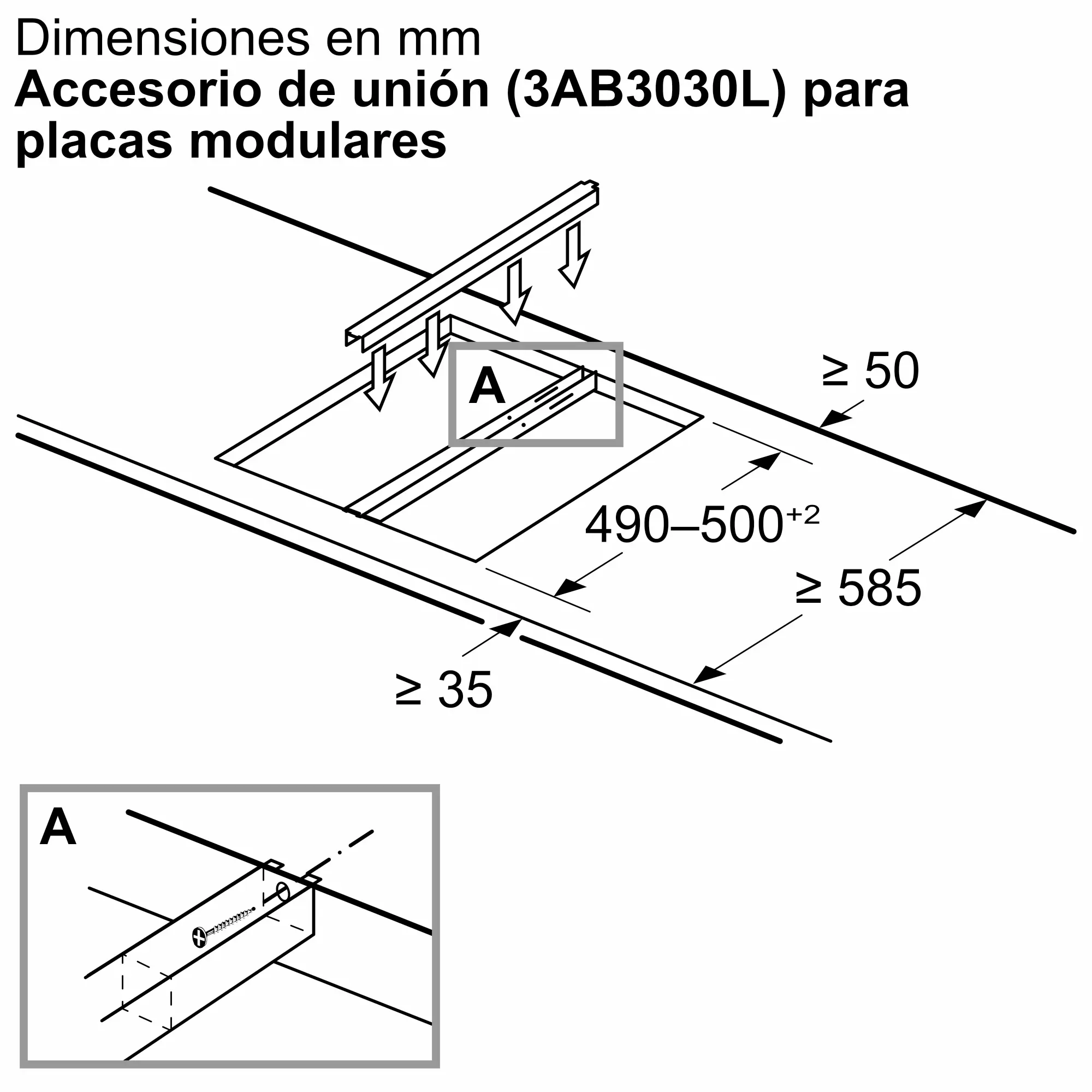 Diagrama de un accesorio de placa modular con dimensiones. Incluye una vista detallada 'A' que muestra el montaje de tornillos.