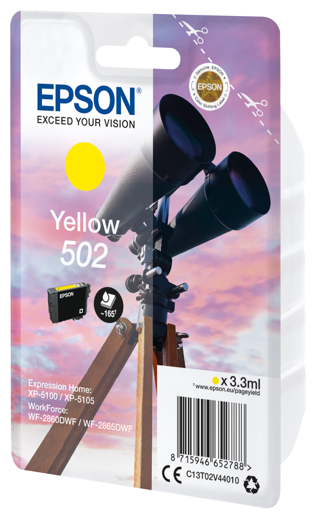 Opakowanie wkładu atramentowego Epson Yellow 502. Zawiera żółte koło, lornetkę i tło nieba.