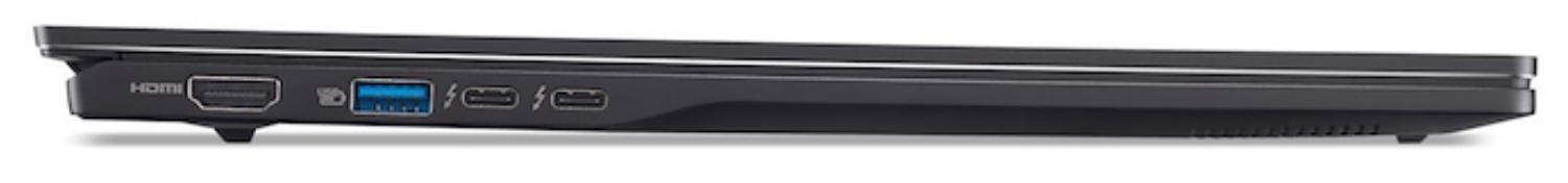Vista lateral de un portátil negro. Los puertos visibles incluyen HDMI, USB y Thunderbolt. El portátil está sobre una superficie blanca.