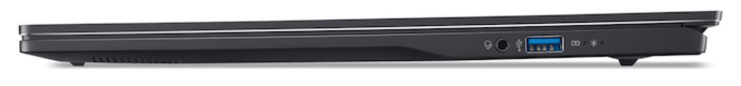 Vista lateral de un portátil negro. Muestra puertos para auriculares, USB y otras conexiones. Tiene un diseño elegante.