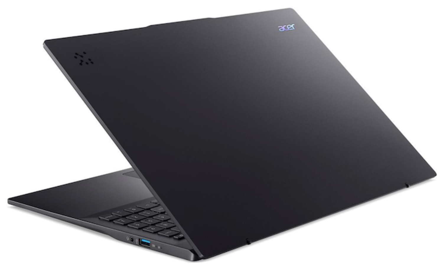 Una laptop Acer negra está ligeramente abierta, mostrando el teclado. El logo de Acer es visible en la parte superior. El fondo es blanco.