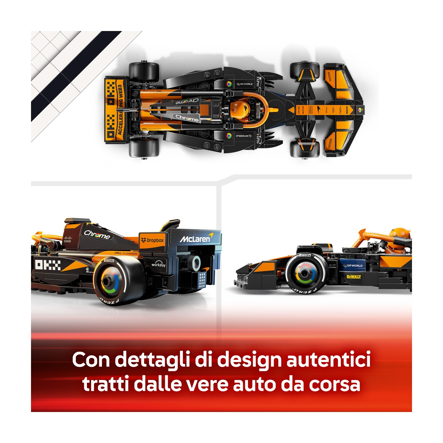 Un modello Lego di una vettura McLaren F1 è mostrato da più angolazioni, in nero e arancione. I dettagli includono sponsor e marchi di pneumatici.