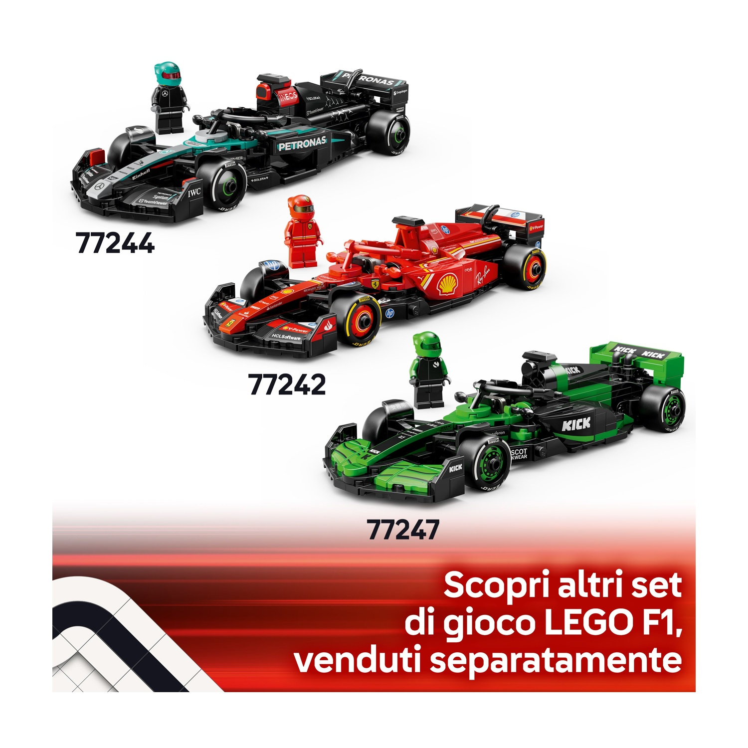 Tre auto da corsa Lego F1: nere, rosse e verdi, ciascuna con una minifigure. Testo in basso: Scopri altri set Lego F1.