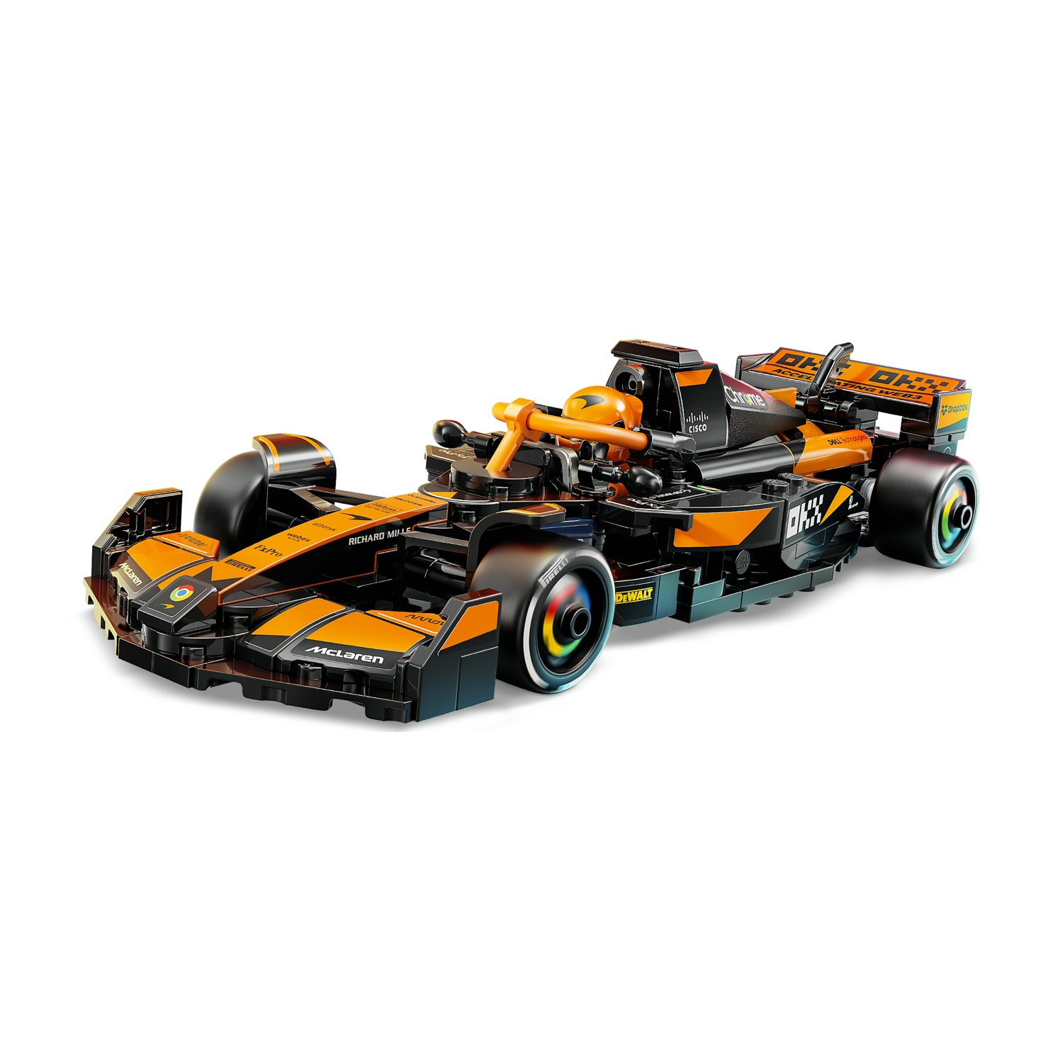 Un'auto Lego McLaren di Formula 1, nera e arancione con loghi degli sponsor, su sfondo bianco.