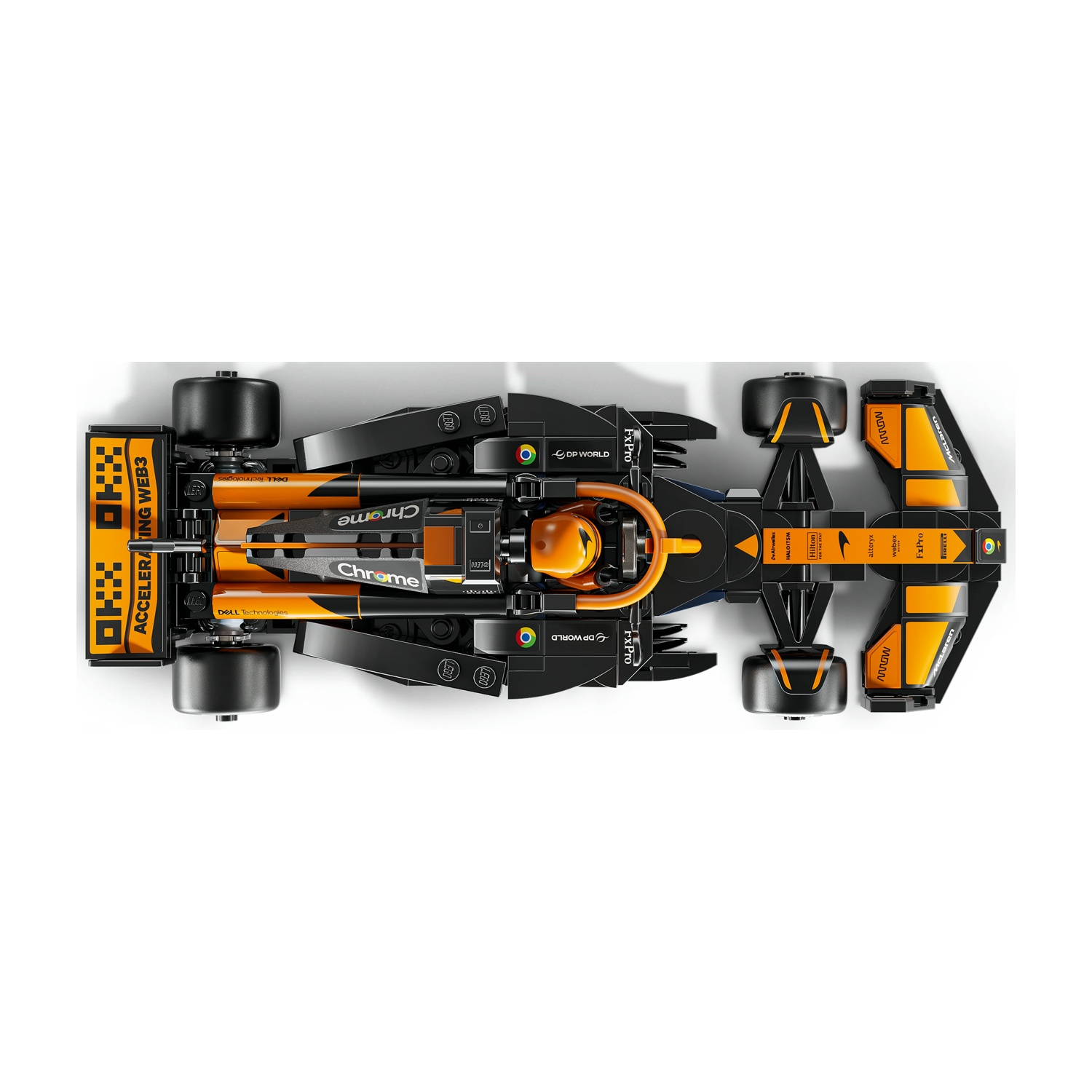 Vista dall'alto di una McLaren F1 LEGO nera e arancione. Dettagli: sponsor, ruote e figura del pilota.