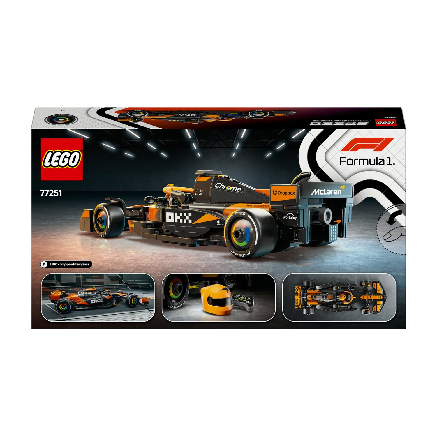 Un set Lego con un'auto McLaren di Formula 1. La scatola mostra l'auto in arancione e nero, con i loghi Lego e Formula 1.