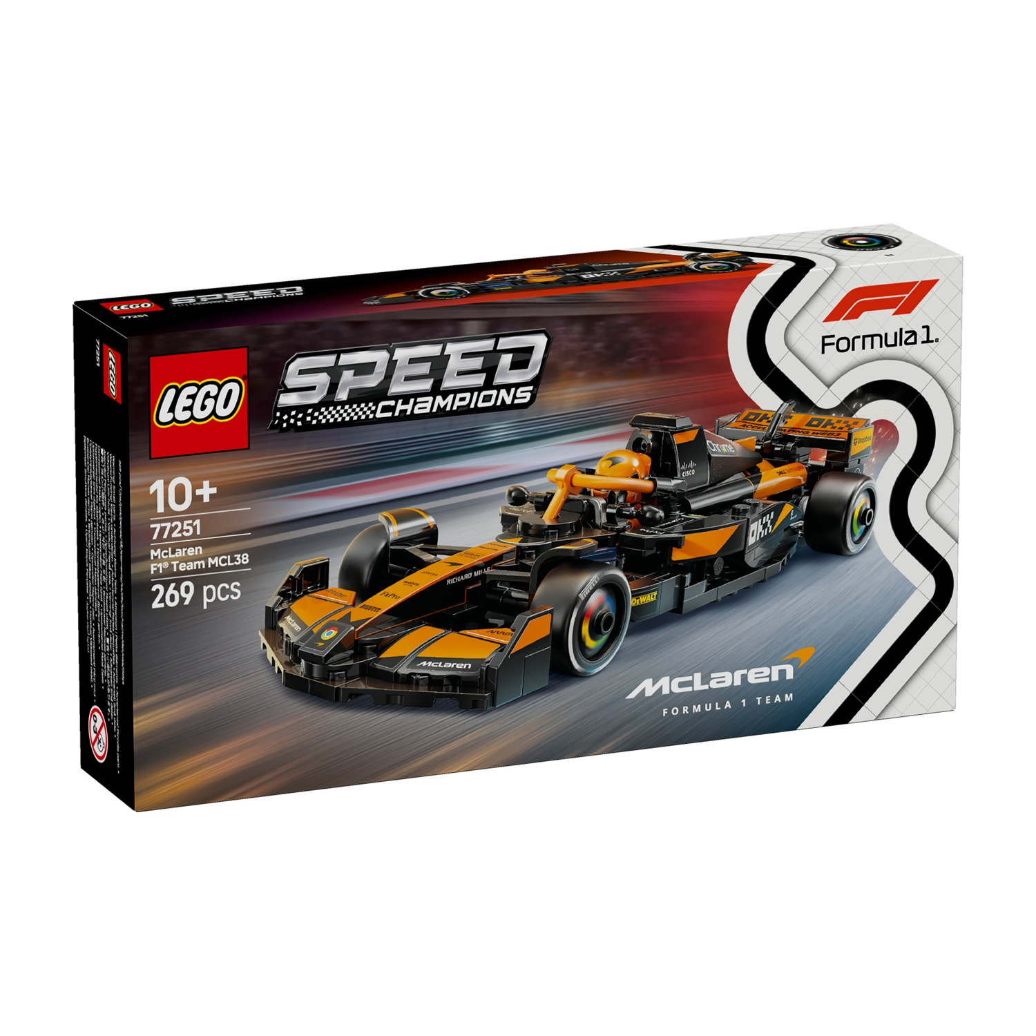 Una scatola Lego Speed Champions. La scatola mostra una McLaren F1 arancione e nera su una pista.