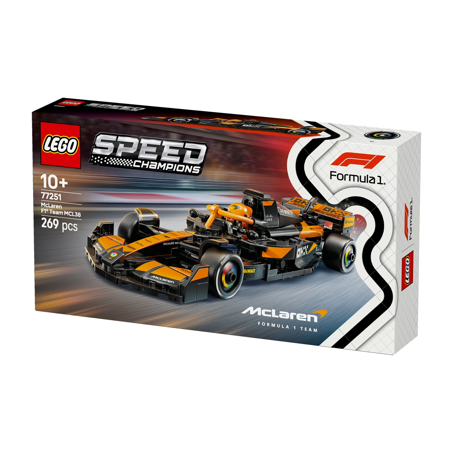 Un set Lego Speed Champions con una McLaren F1 nera e arancione, su sfondo bianco con il logo Lego.