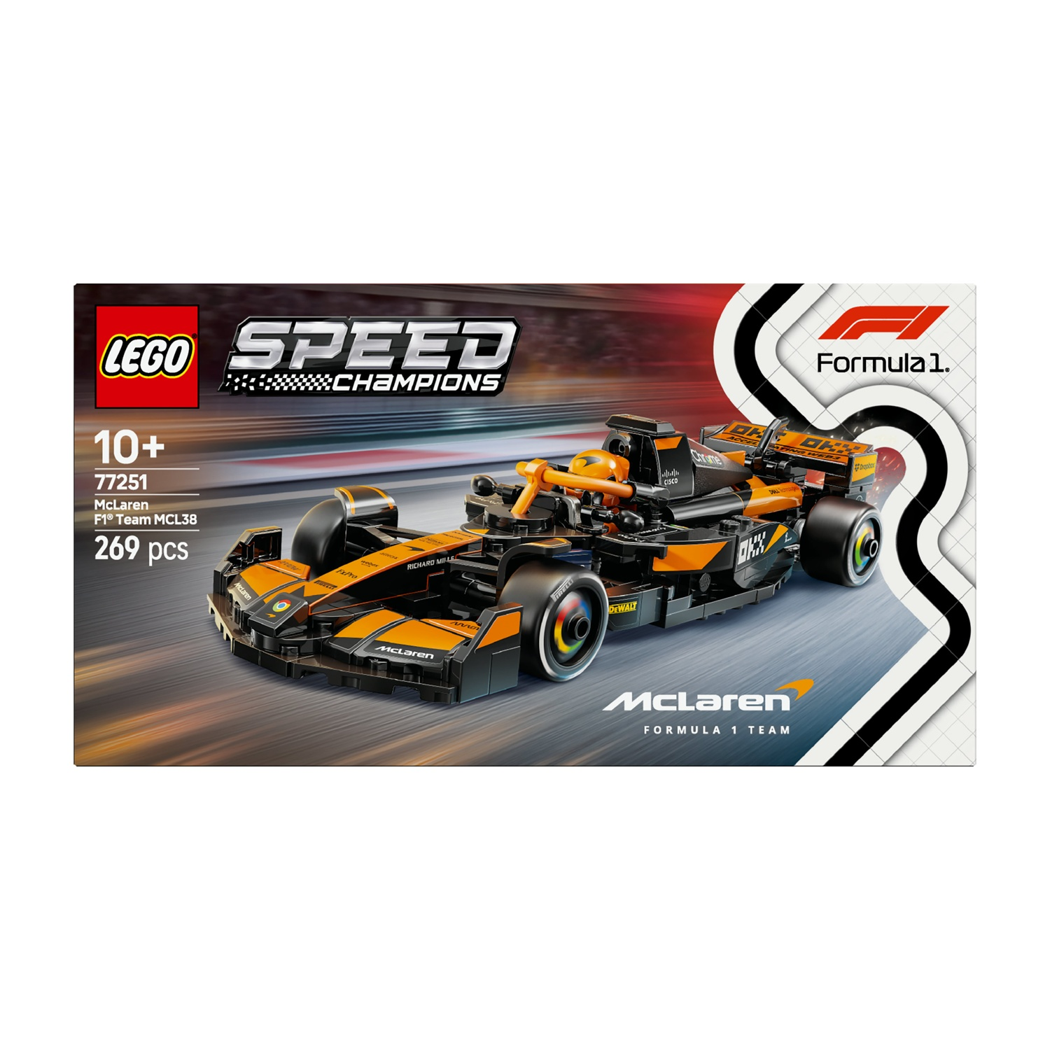 Una scatola Lego di una McLaren F1. La scatola è arancione e nera, con l'auto al centro. Il logo Lego è in alto a sinistra.