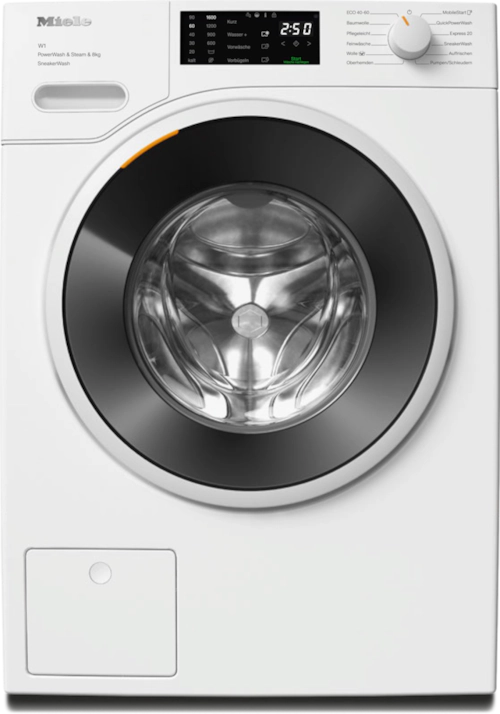 Eine weiße Miele Waschmaschine. Sie hat eine schwarze Tür, ein digitales Display und einen Drehknopf zur Programmauswahl.
