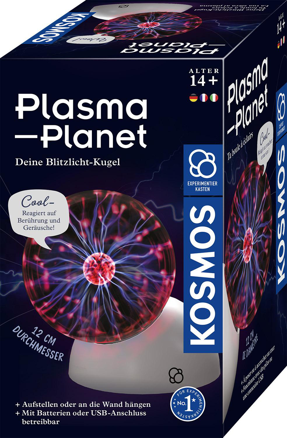 Schachtel mit Plasma Planet Experimentier-Set. Eine Plasmakugel leuchtet rot und blau. Text und Logos sind auf der Schachtel sichtbar.