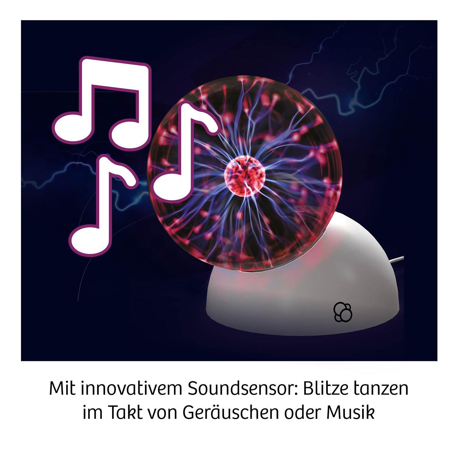 Eine Plasmakugel mit Blitzen, umgeben von Noten. Der Hintergrund ist dunkelblau mit Blitz und Text.