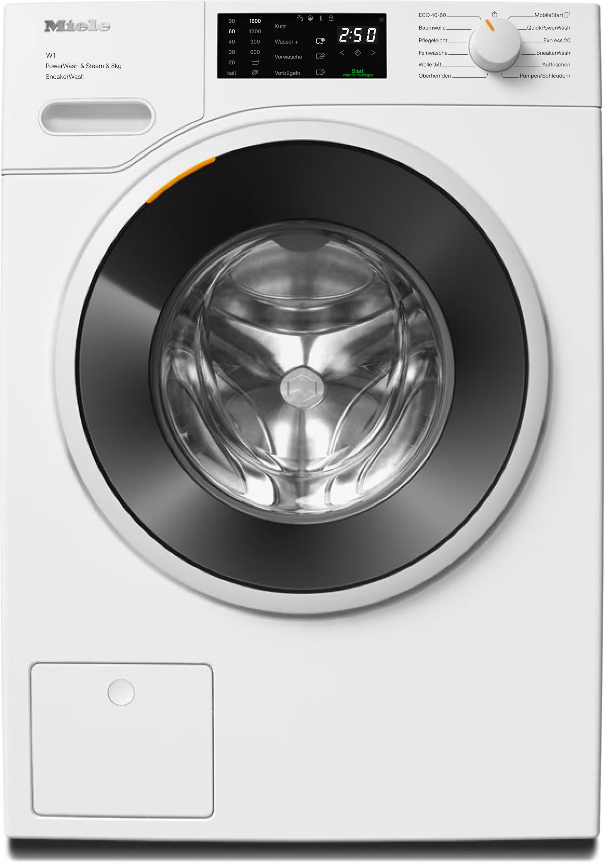 Eine weiße Miele-Waschmaschine mit schwarzer Tür. Sie hat ein Bedienfeld und eine Digitalanzeige mit 2:50.