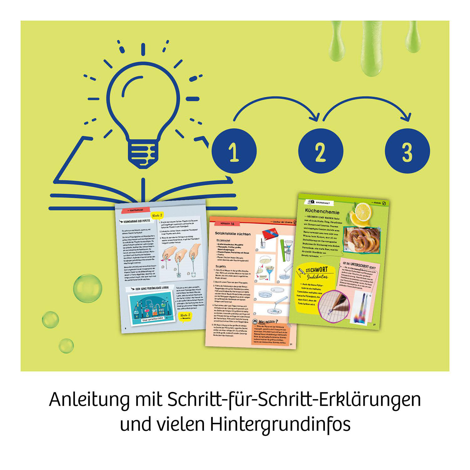 Eine Lehrillustration mit Schritten, Diagrammen und Text auf hellgrünem Hintergrund. Enthält wissenschaftliche Konzepte und Experimente.